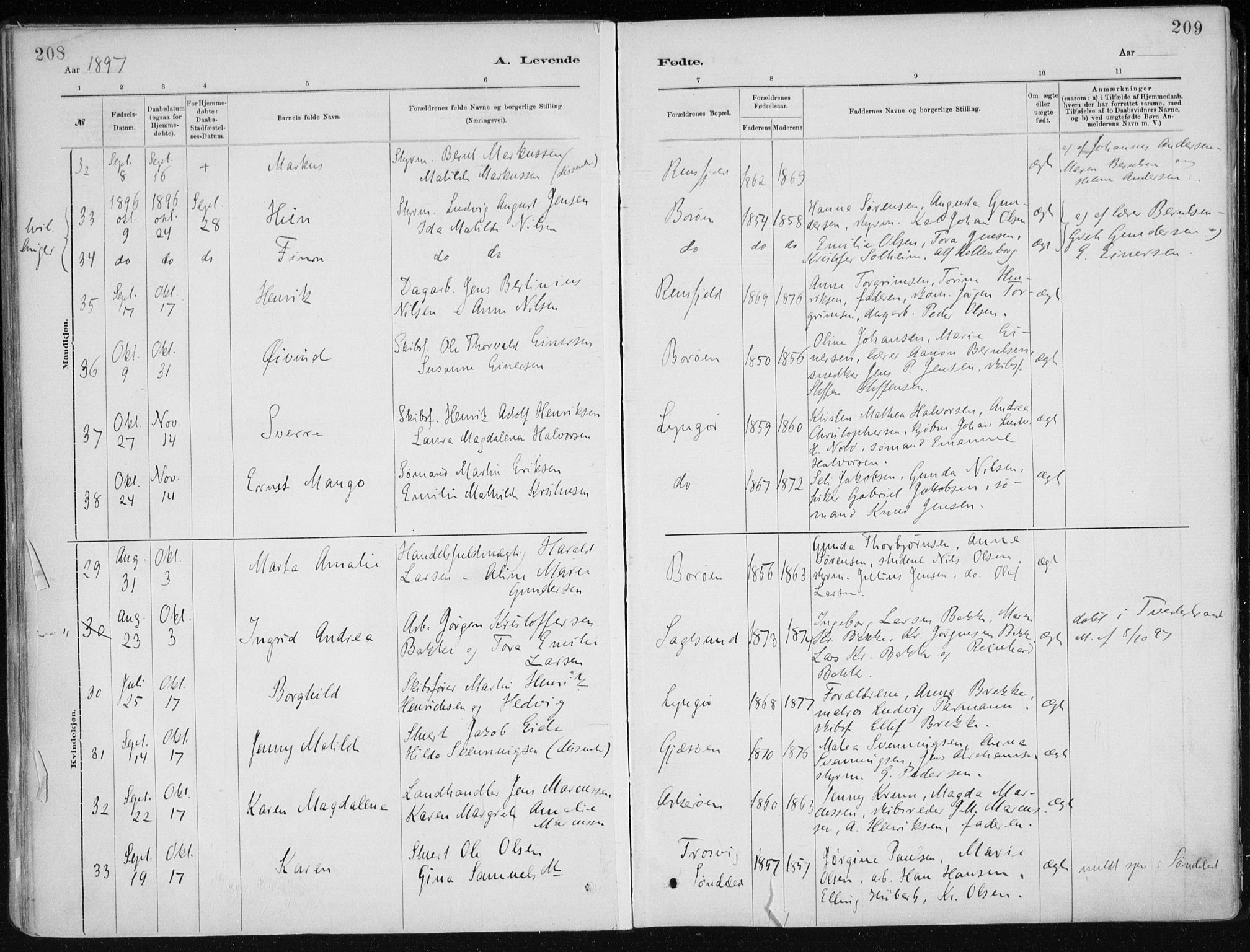Dypvåg sokneprestkontor, SAK/1111-0007/F/Fa/Faa/L0008: Parish register (official) no. A 8, 1885-1906, p. 208-209