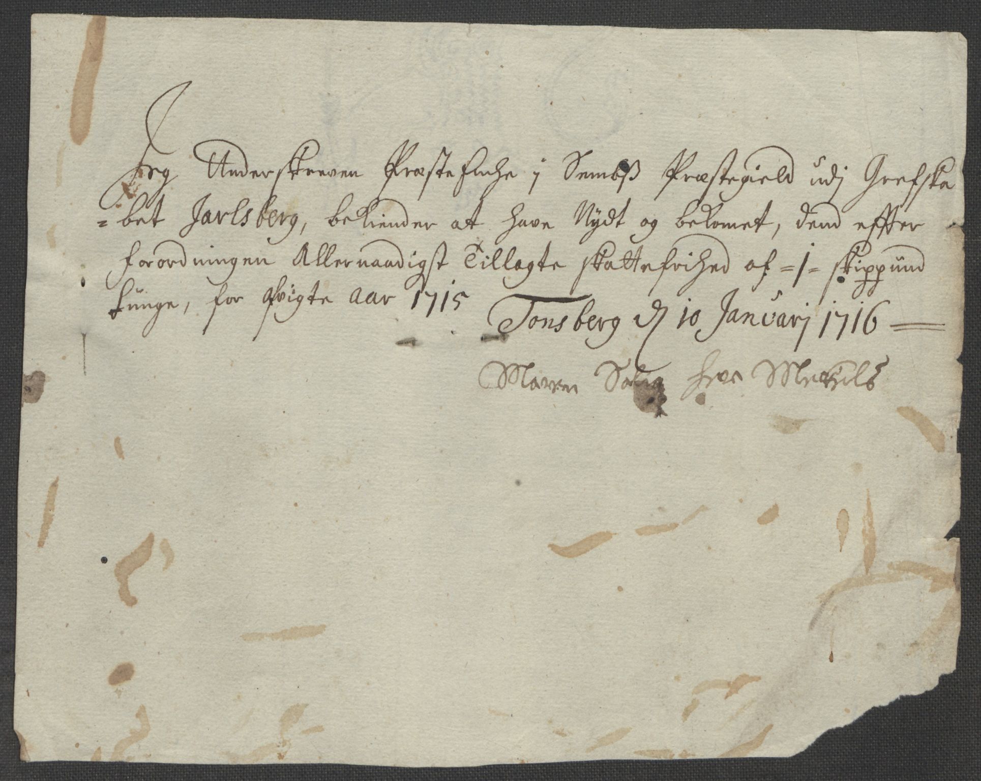 Rentekammeret inntil 1814, Reviderte regnskaper, Fogderegnskap, AV/RA-EA-4092/R32/L1879: Fogderegnskap Jarlsberg grevskap, 1714-1715, p. 462