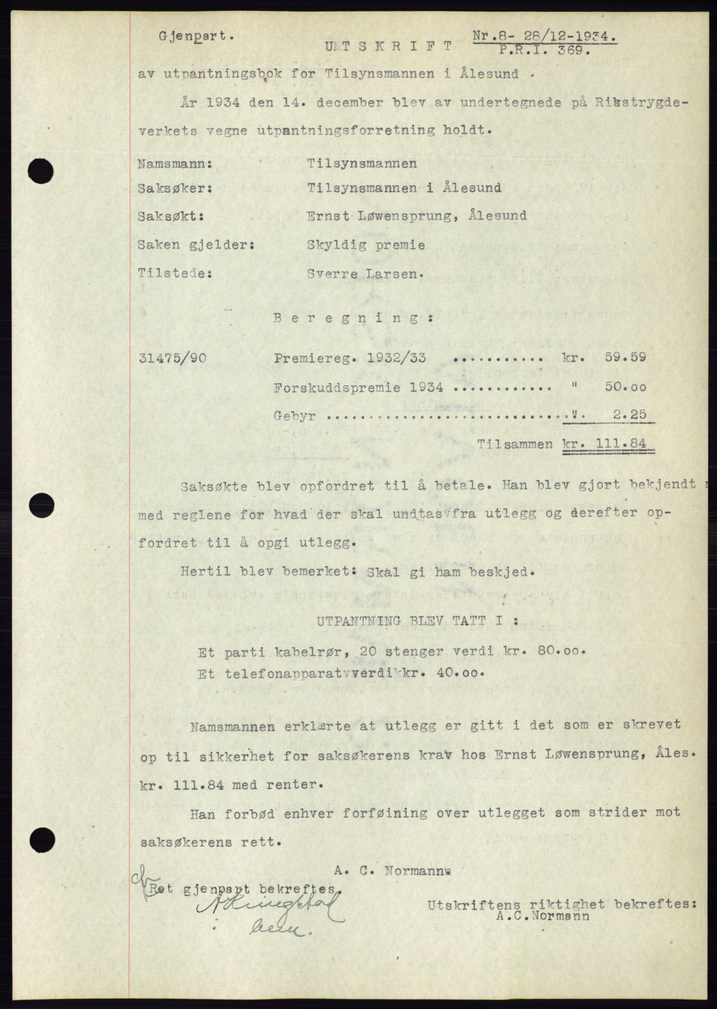 Ålesund byfogd, AV/SAT-A-4384: Mortgage book no. 32, 1934-1935, Deed date: 28.12.1934