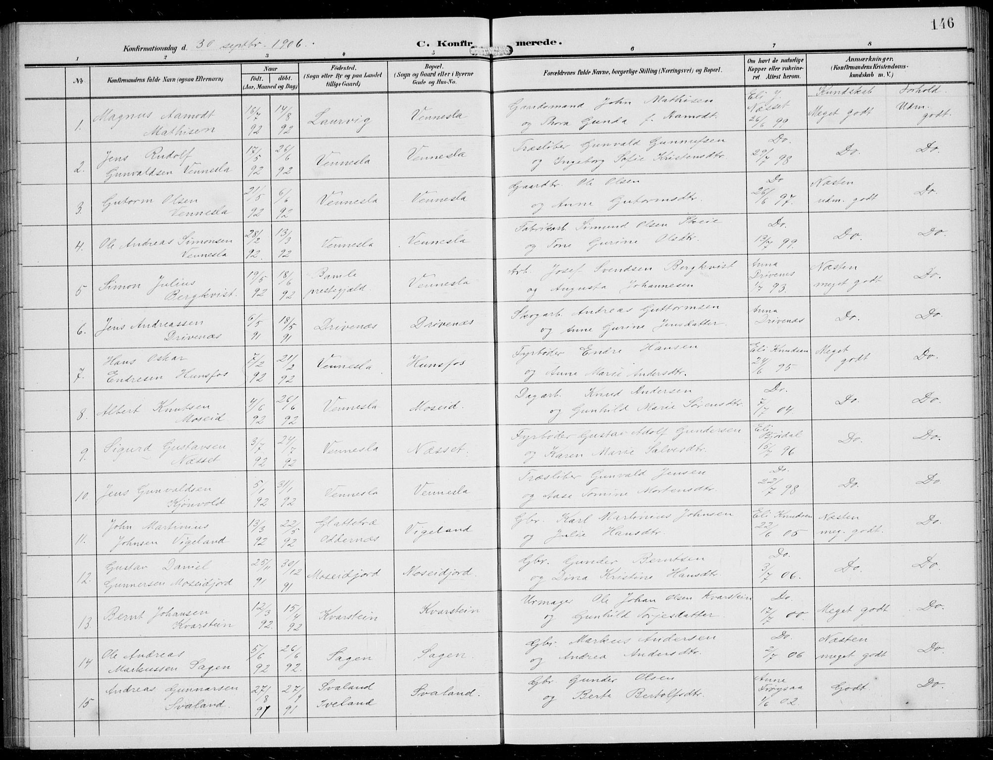 Vennesla sokneprestkontor, SAK/1111-0045/Fb/Fbb/L0005: Parish register (copy) no. B 5, 1903-1913, p. 146