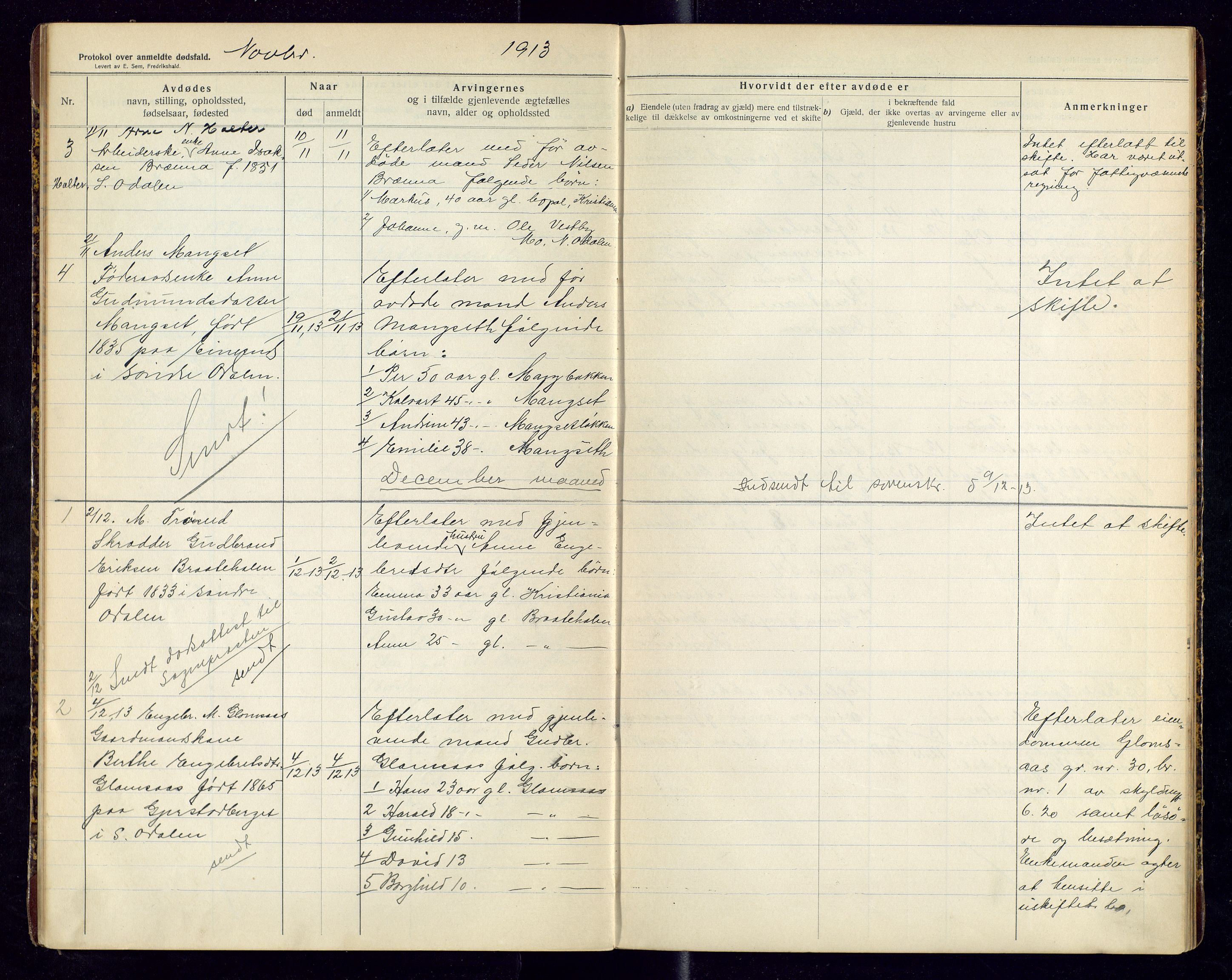 Sør-Odal lensmannskontor, SAH/LHS-022/H/Hb/L0002/0001: Protokoller over anmeldte dødsfall / Protokoll over anmeldte dødsfall, 1913-1915