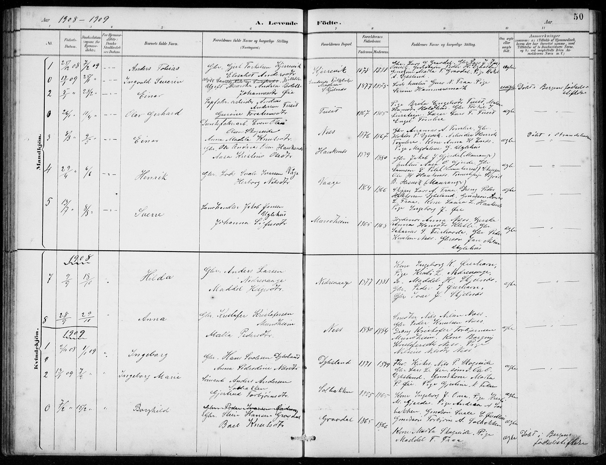 Strandebarm sokneprestembete, SAB/A-78401/H/Hab: Parish register (copy) no. C  1, 1891-1913, p. 50