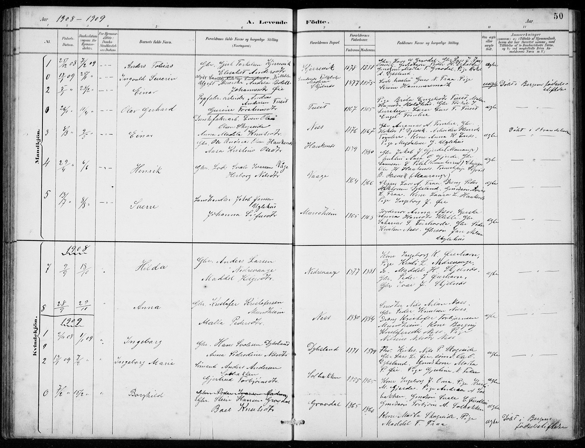 Strandebarm sokneprestembete, AV/SAB-A-78401/H/Hab: Parish register (copy) no. C  1, 1891-1913, p. 50