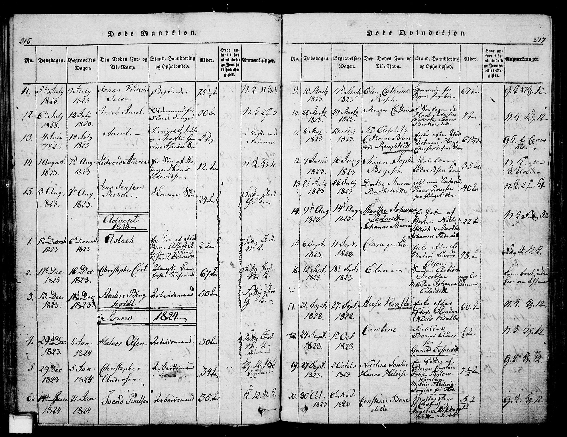 Skien kirkebøker, SAKO/A-302/G/Ga/L0002: Parish register (copy) no. 2, 1814-1842, p. 216-217