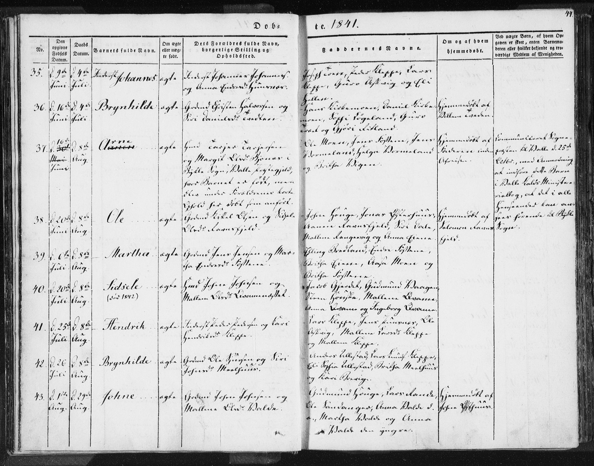 Hjelmeland sokneprestkontor, AV/SAST-A-101843/01/IV/L0006: Parish register (official) no. A 6, 1834-1845, p. 44