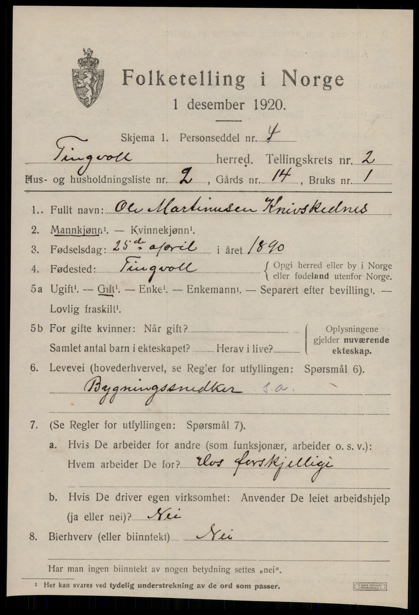 SAT, 1920 census for Tingvoll, 1920, p. 1168