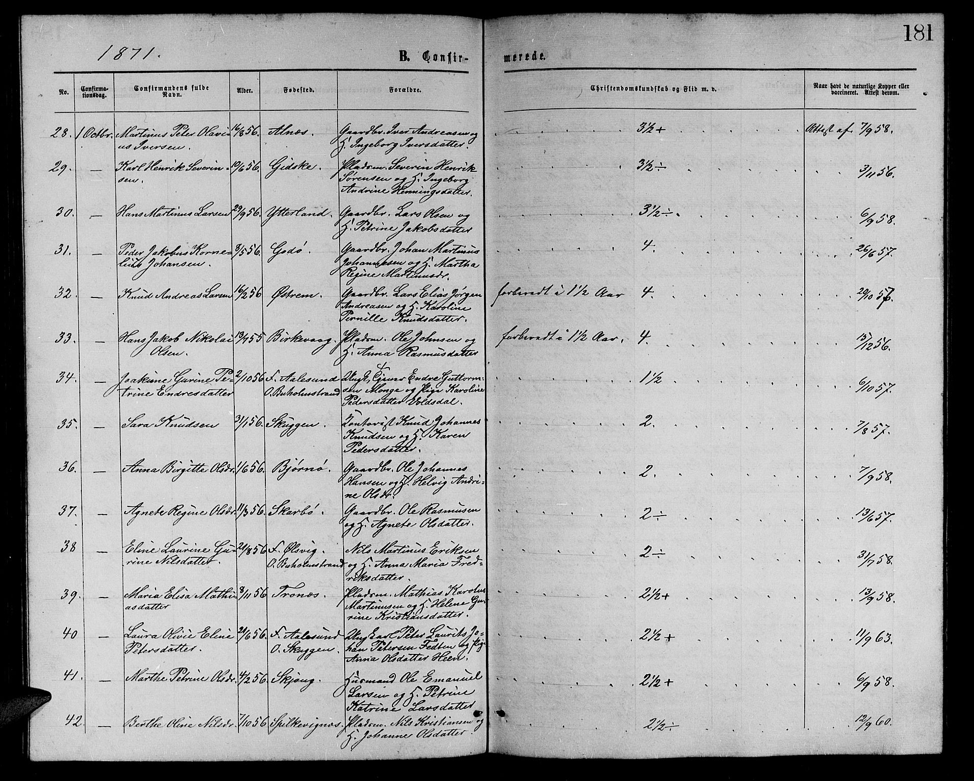 Ministerialprotokoller, klokkerbøker og fødselsregistre - Møre og Romsdal, AV/SAT-A-1454/528/L0428: Parish register (copy) no. 528C09, 1864-1880, p. 181