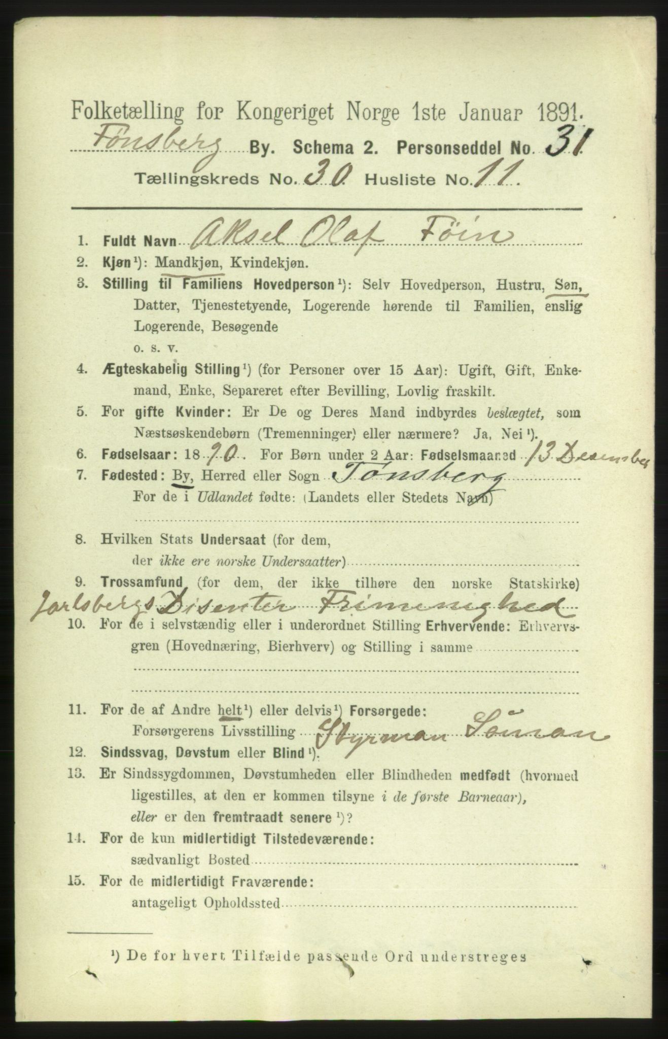 RA, 1891 census for 0705 Tønsberg, 1891, p. 7373