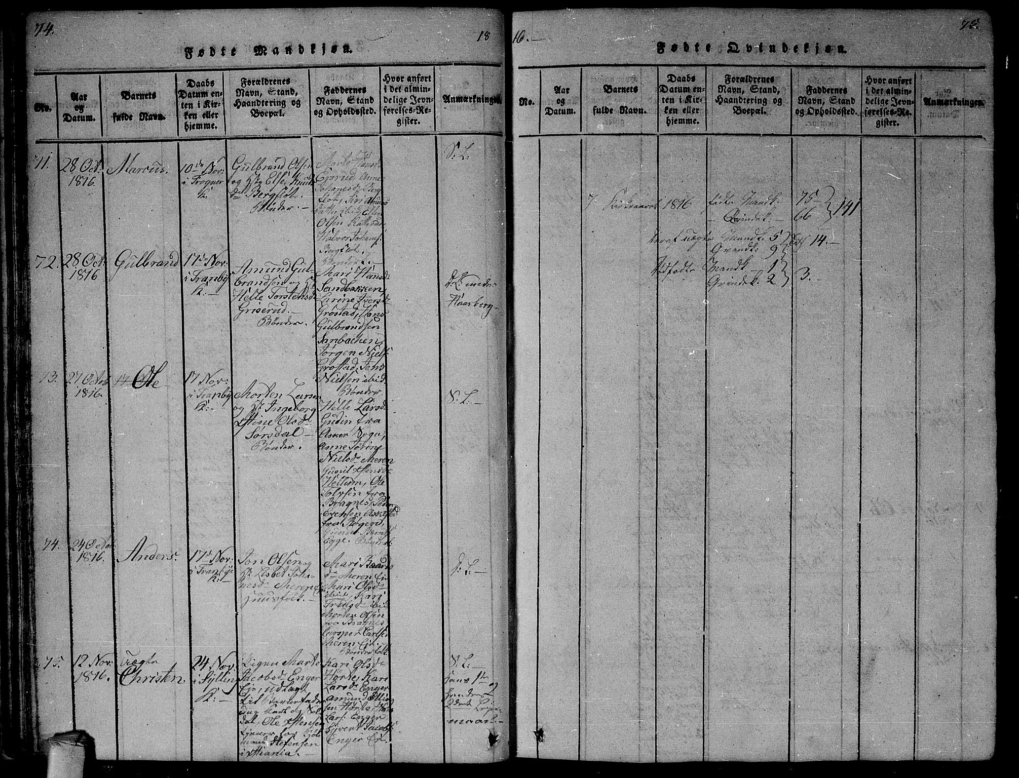 Lier kirkebøker, AV/SAKO-A-230/G/Ga/L0001: Parish register (copy) no. I 1, 1813-1824, p. 74-75