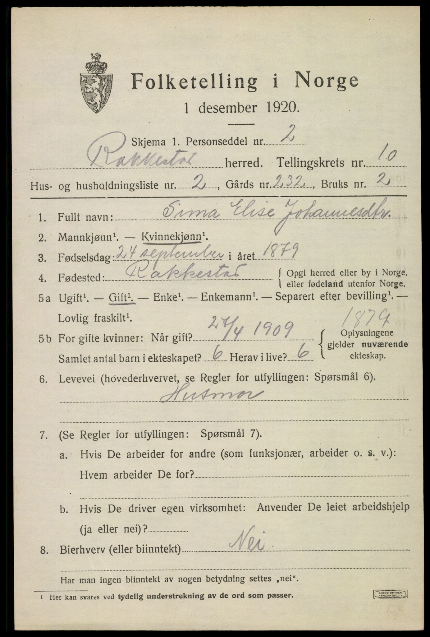 SAO, 1920 census for Rakkestad, 1920, p. 8517