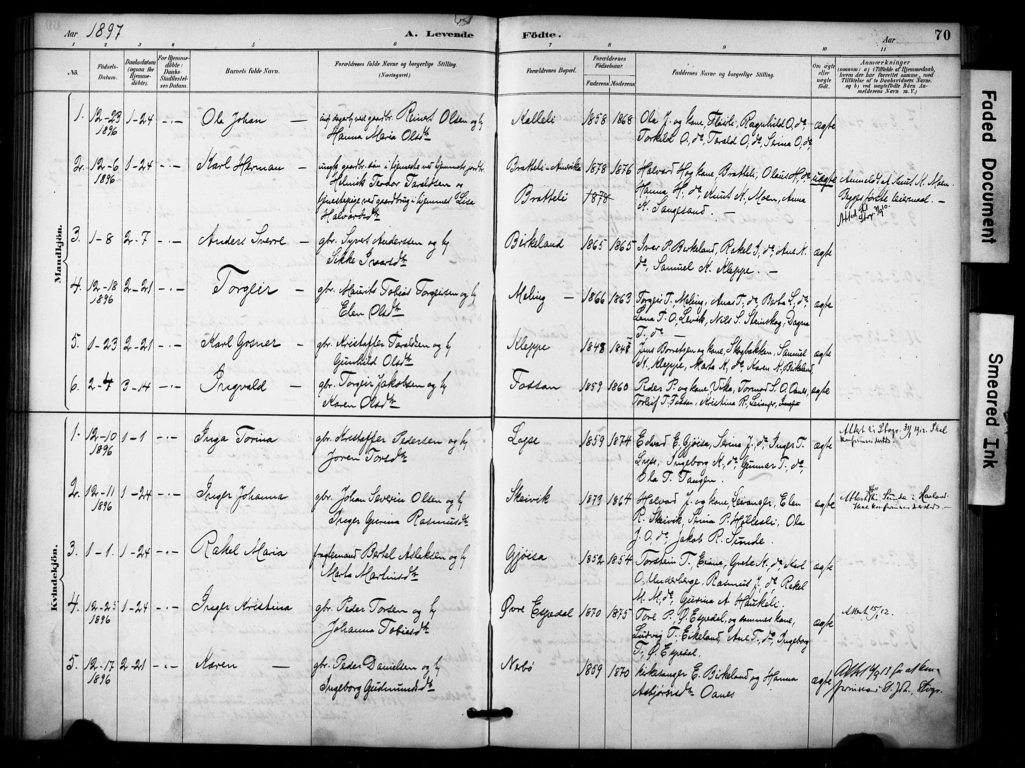 Høgsfjord sokneprestkontor, SAST/A-101624/H/Ha/Haa/L0006: Parish register (official) no. A 6, 1885-1897, p. 70