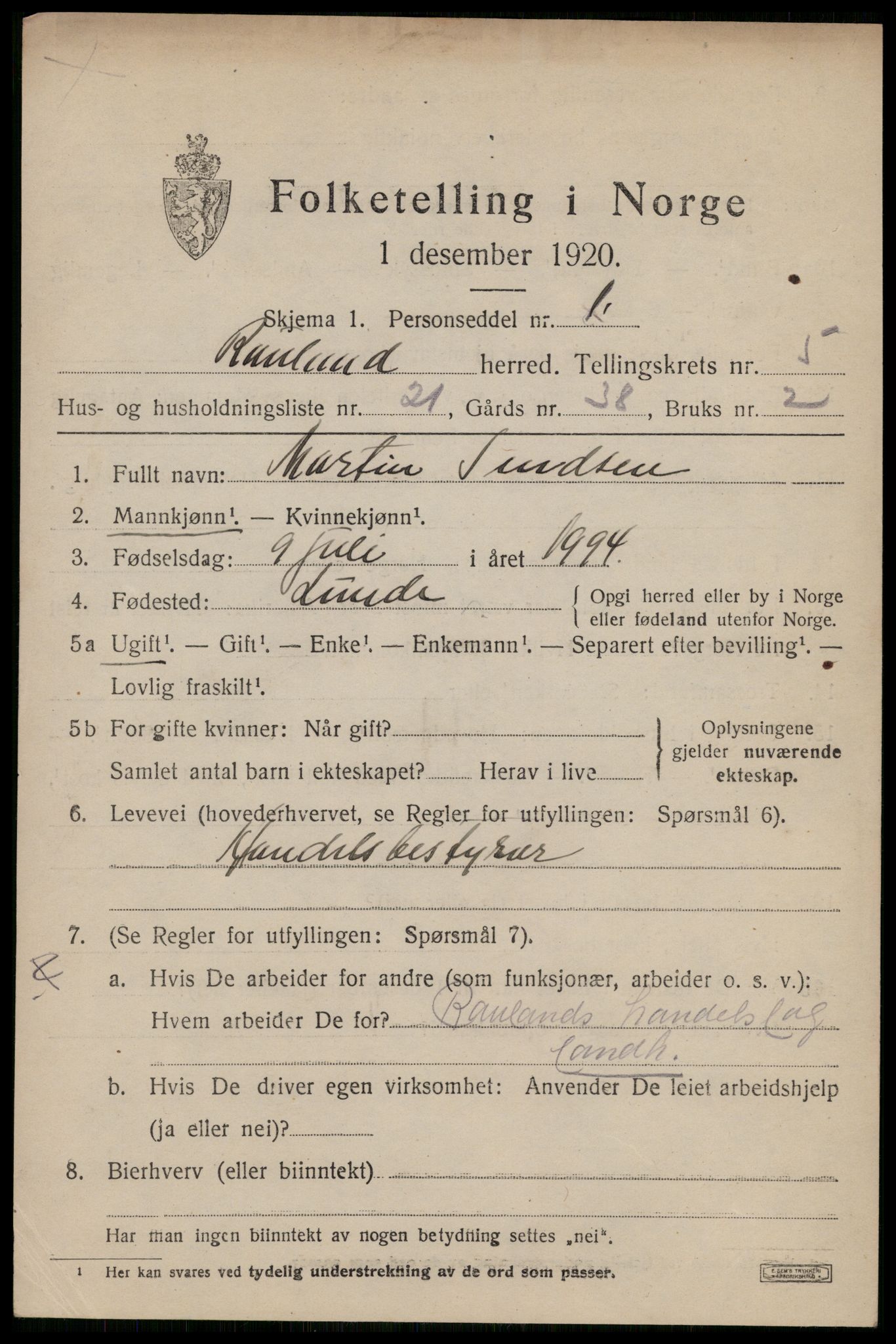 SAKO, 1920 census for Rauland, 1920, p. 1248