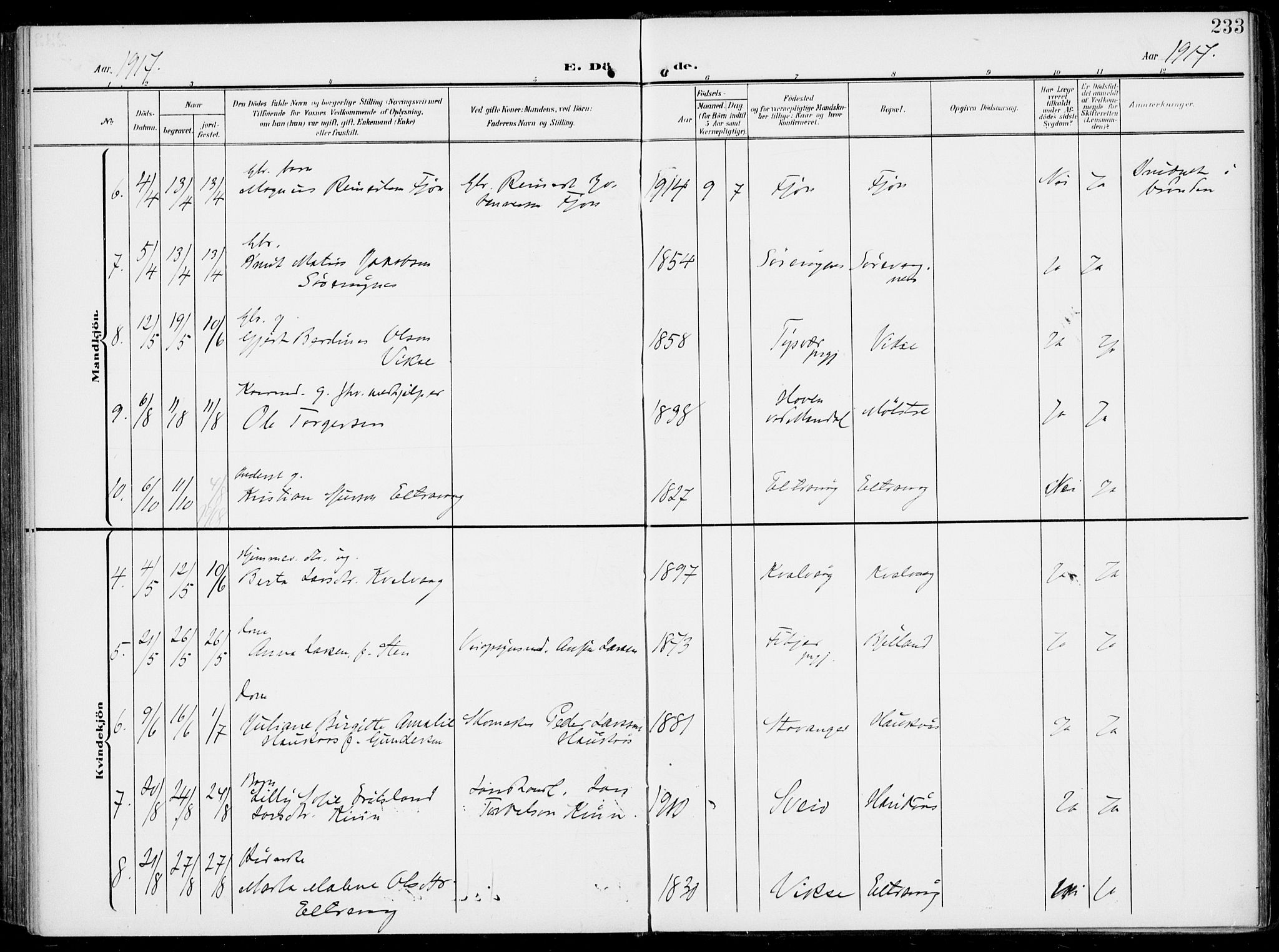 Sveio Sokneprestembete, AV/SAB-A-78501/H/Haa: Parish register (official) no. B  4, 1906-1919, p. 233