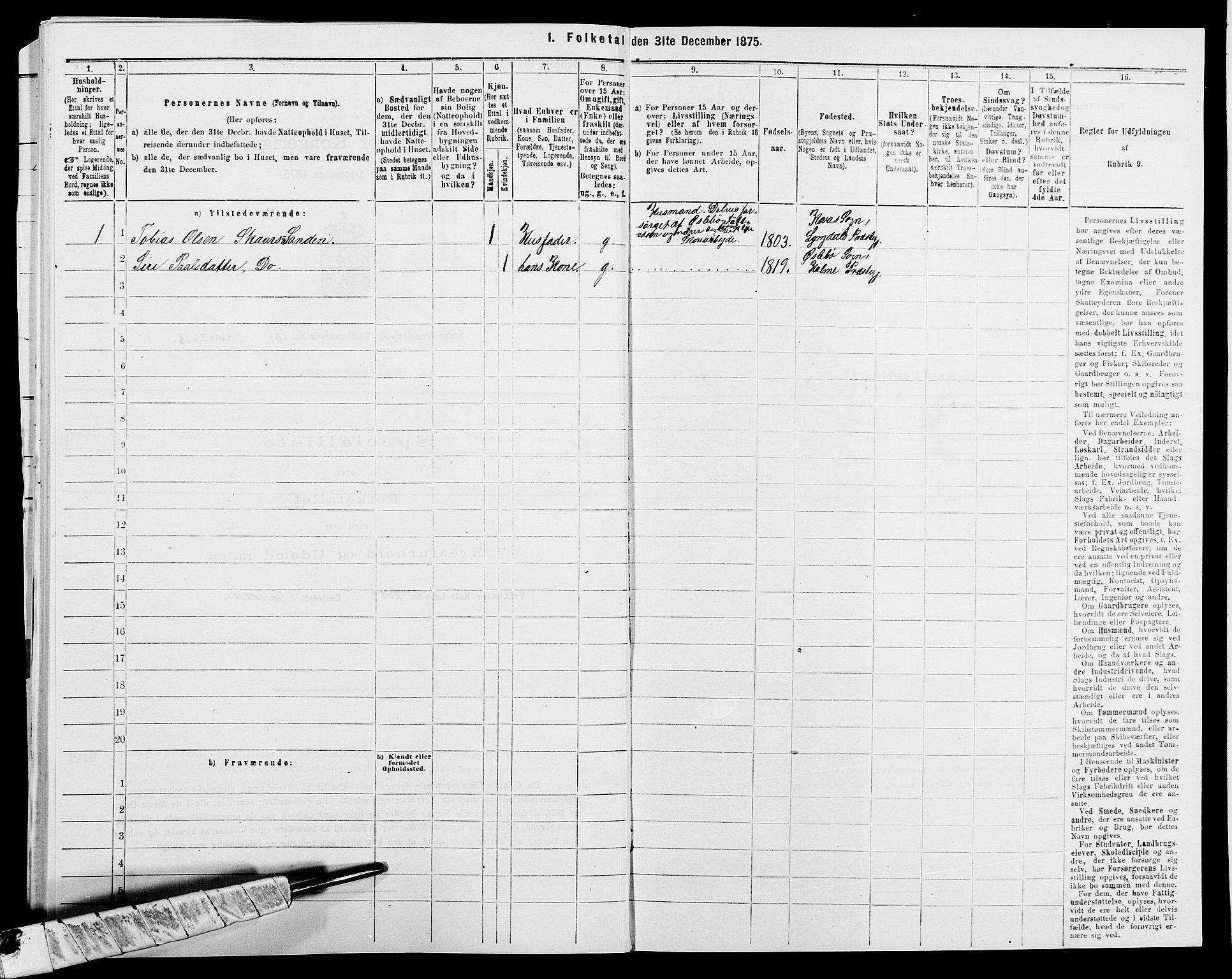 SAK, 1875 census for 1018P Søgne, 1875, p. 1340