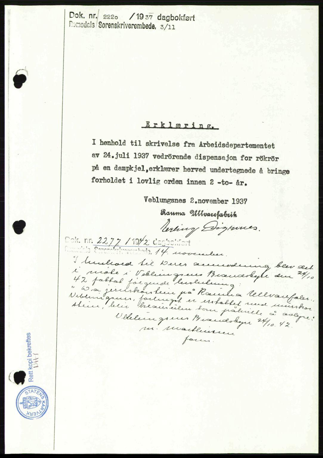 Romsdal sorenskriveri, AV/SAT-A-4149/1/2/2C: Mortgage book no. A13, 1942-1943, Diary no: : 2275/1942