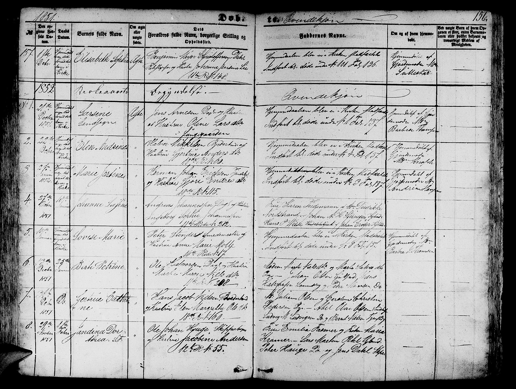 Domkirken sokneprestembete, SAB/A-74801/H/Hab/L0010: Parish register (copy) no. B 3, 1849-1856, p. 156