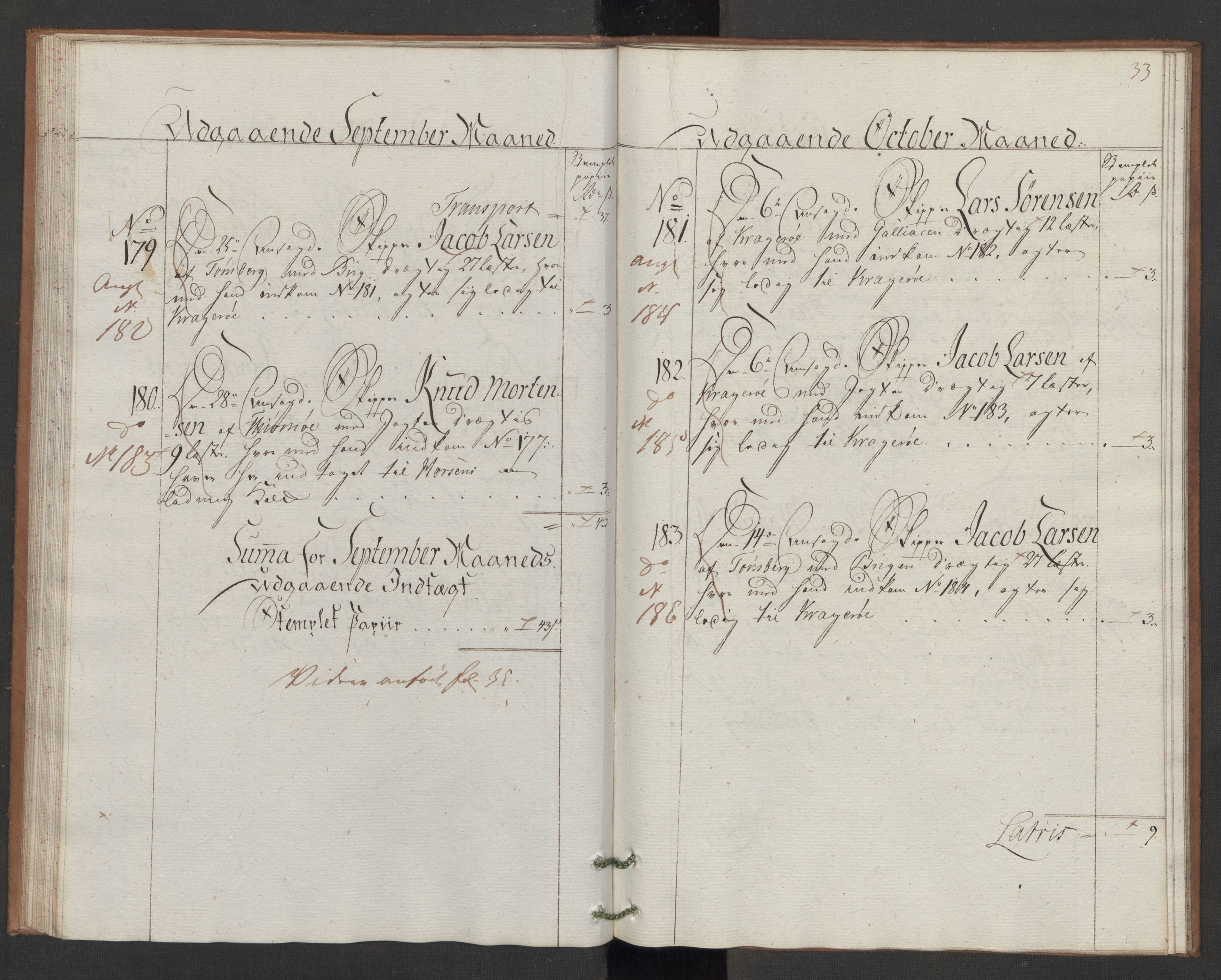 Generaltollkammeret, tollregnskaper, AV/RA-EA-5490/R06/L0166/0002: Tollregnskaper Kristiania / Utgående hovedtollbok Slependen, 1786, p. 32b-33a
