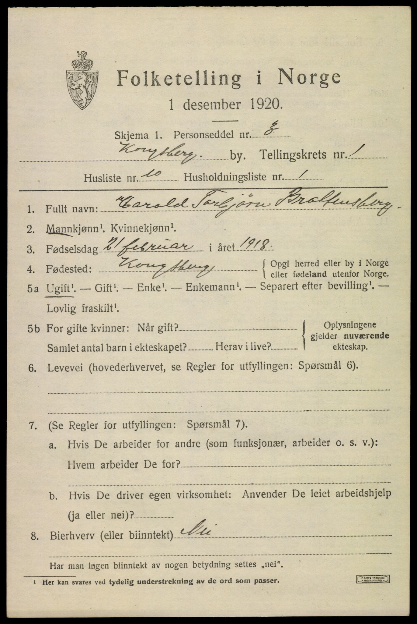 SAKO, 1920 census for Kongsberg, 1920, p. 5824