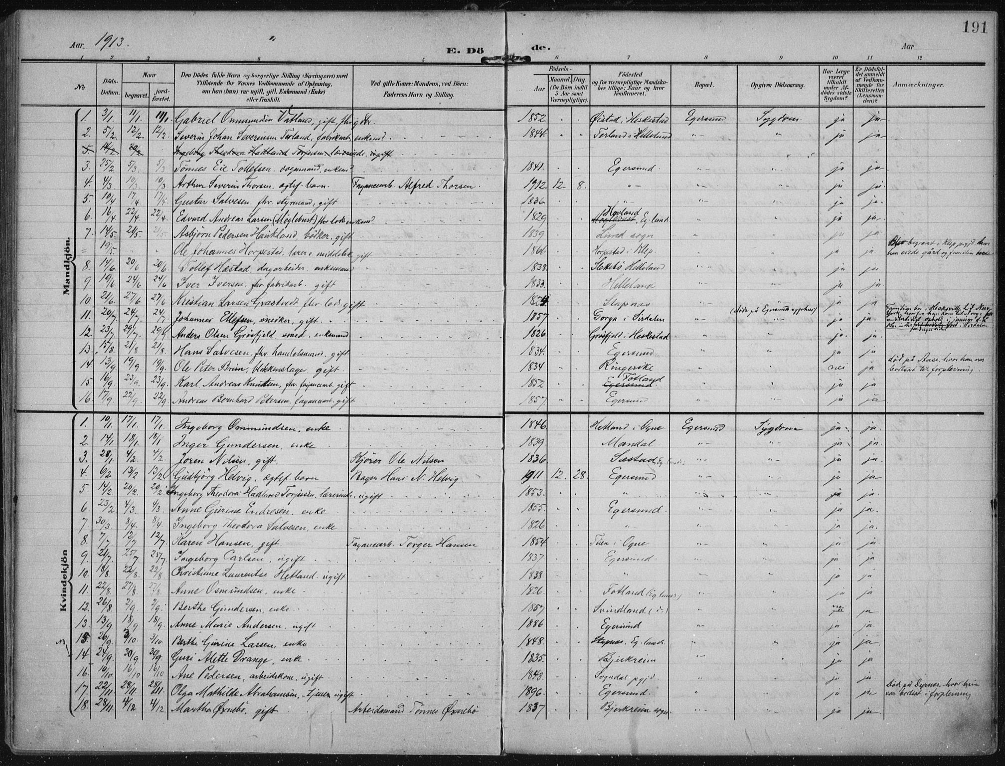 Eigersund sokneprestkontor, SAST/A-101807/S08/L0022: Parish register (official) no. A 21, 1905-1928, p. 191