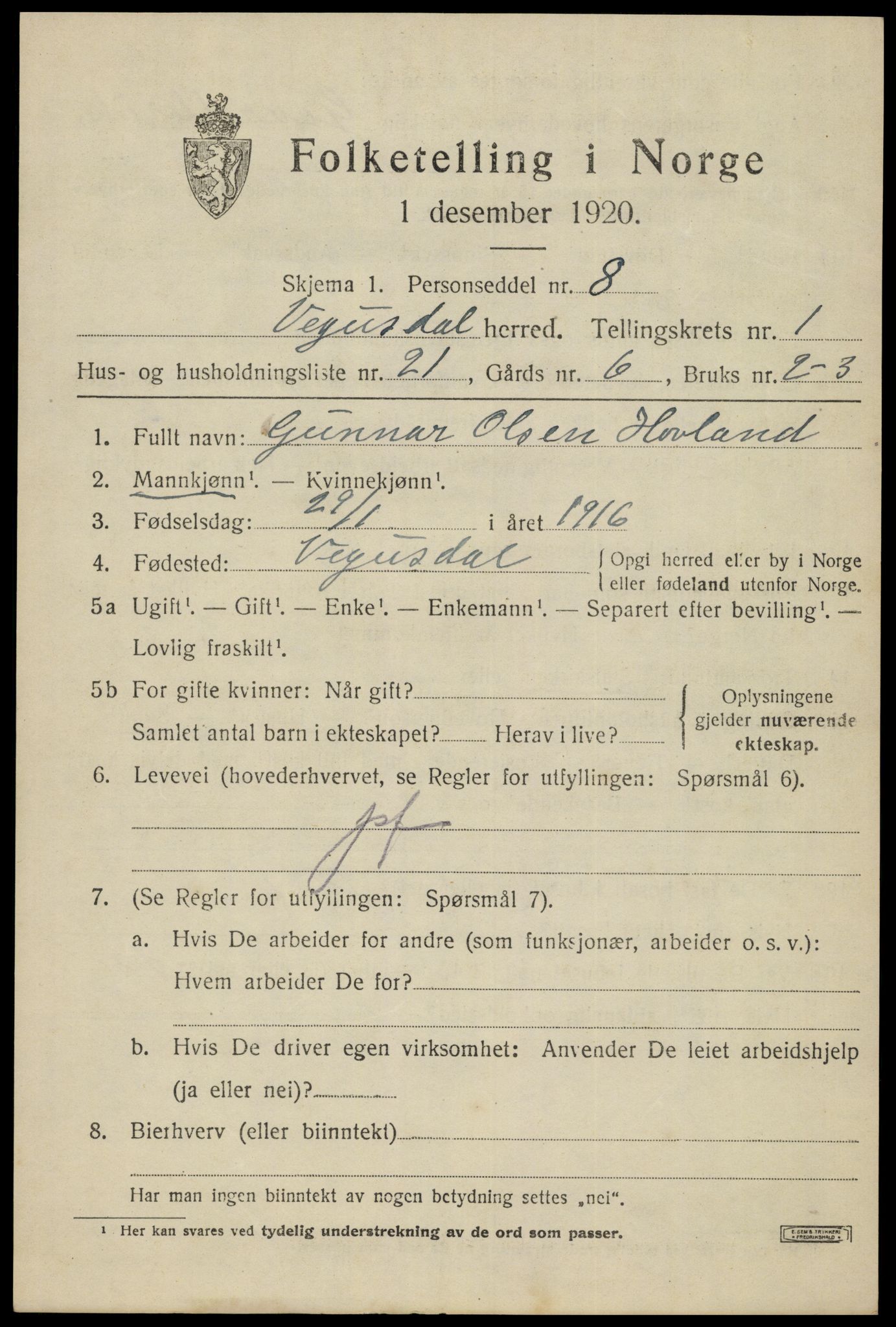 SAK, 1920 census for Vegusdal, 1920, p. 619