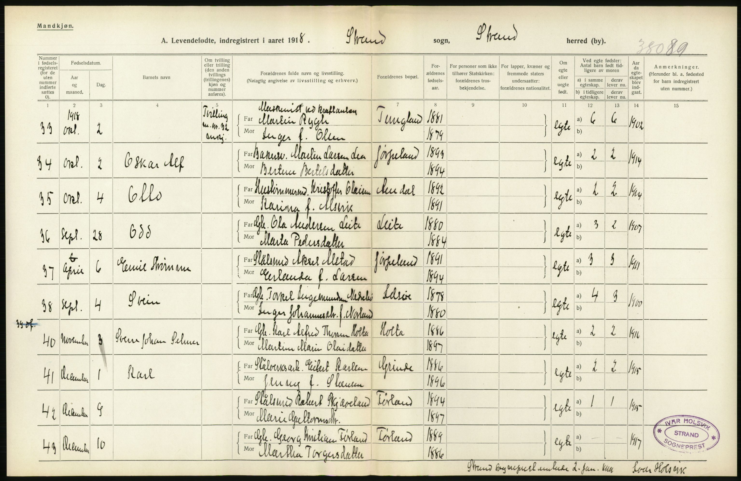 Statistisk sentralbyrå, Sosiodemografiske emner, Befolkning, RA/S-2228/D/Df/Dfb/Dfbh/L0031: Rogaland fylke: Levendefødte menn og kvinner. Bygder., 1918