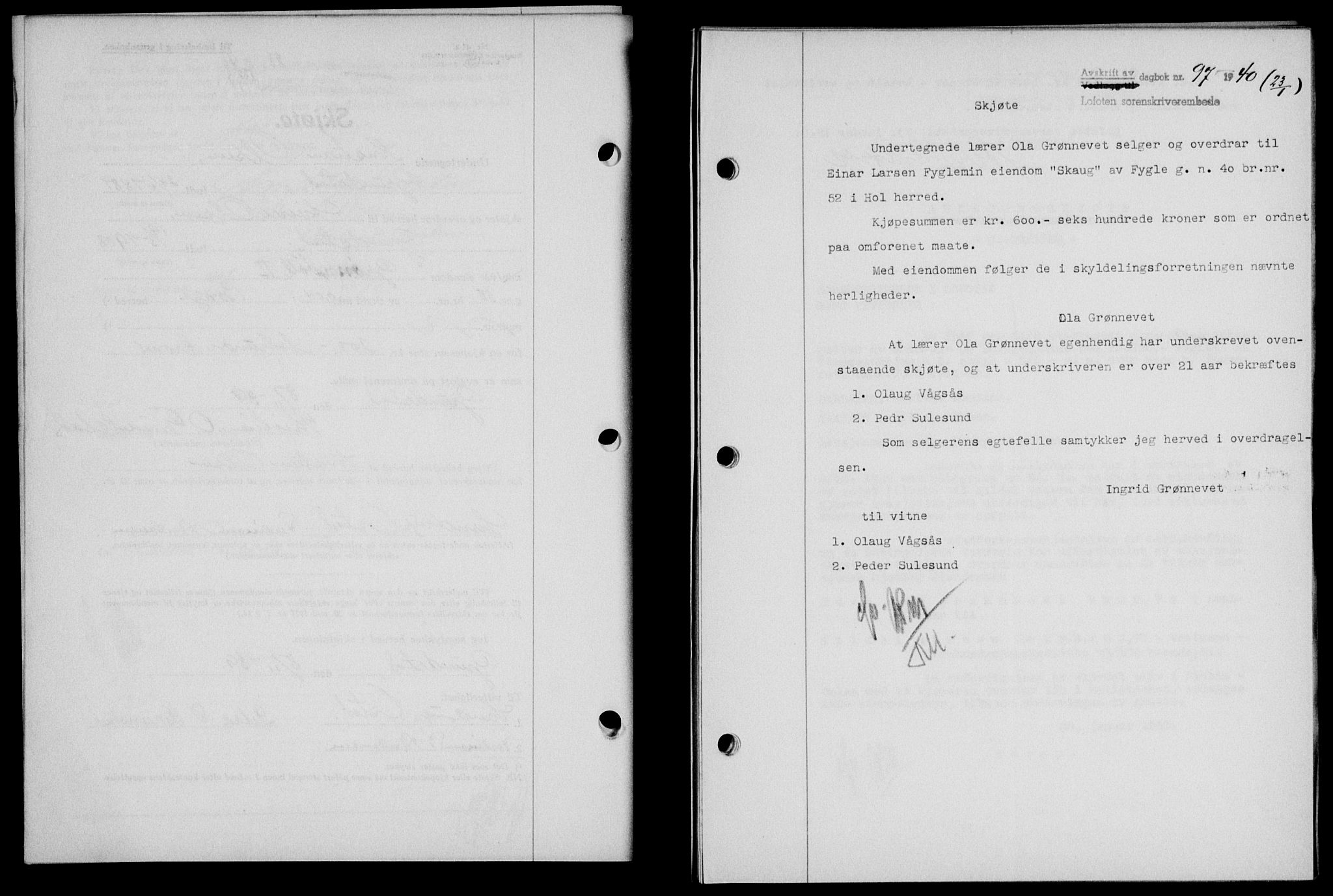 Lofoten sorenskriveri, SAT/A-0017/1/2/2C/L0007a: Mortgage book no. 7a, 1939-1940, Diary no: : 97/1940