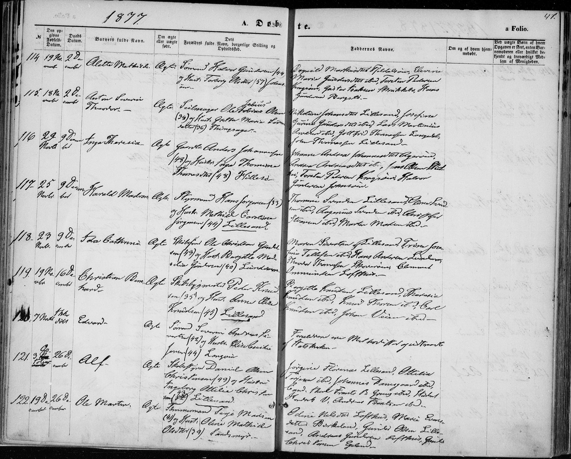 Vestre Moland sokneprestkontor, AV/SAK-1111-0046/F/Fa/Fab/L0008: Parish register (official) no. A 8, 1873-1883, p. 47