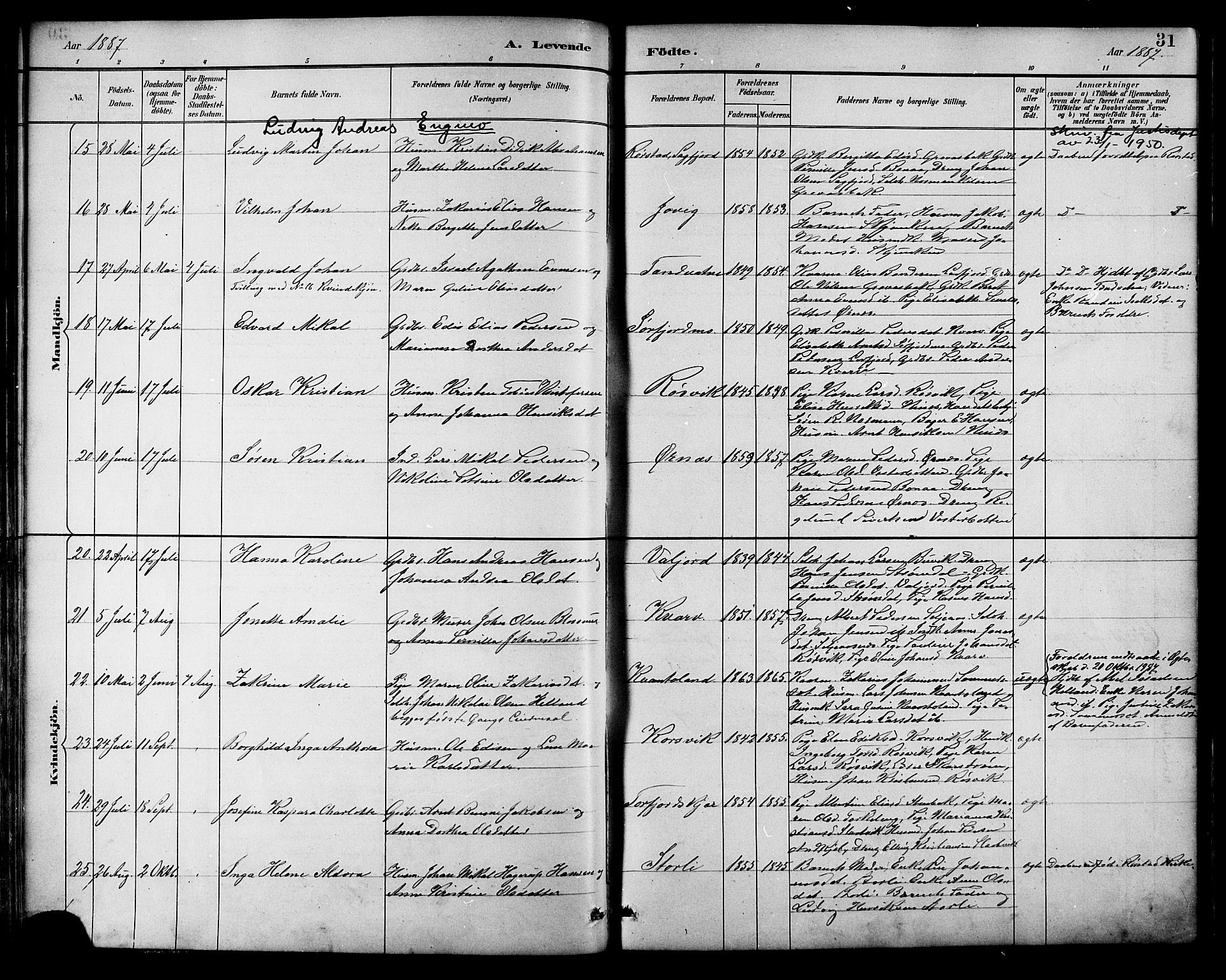 Ministerialprotokoller, klokkerbøker og fødselsregistre - Nordland, AV/SAT-A-1459/854/L0777: Parish register (official) no. 854A01 /1, 1883-1891, p. 31