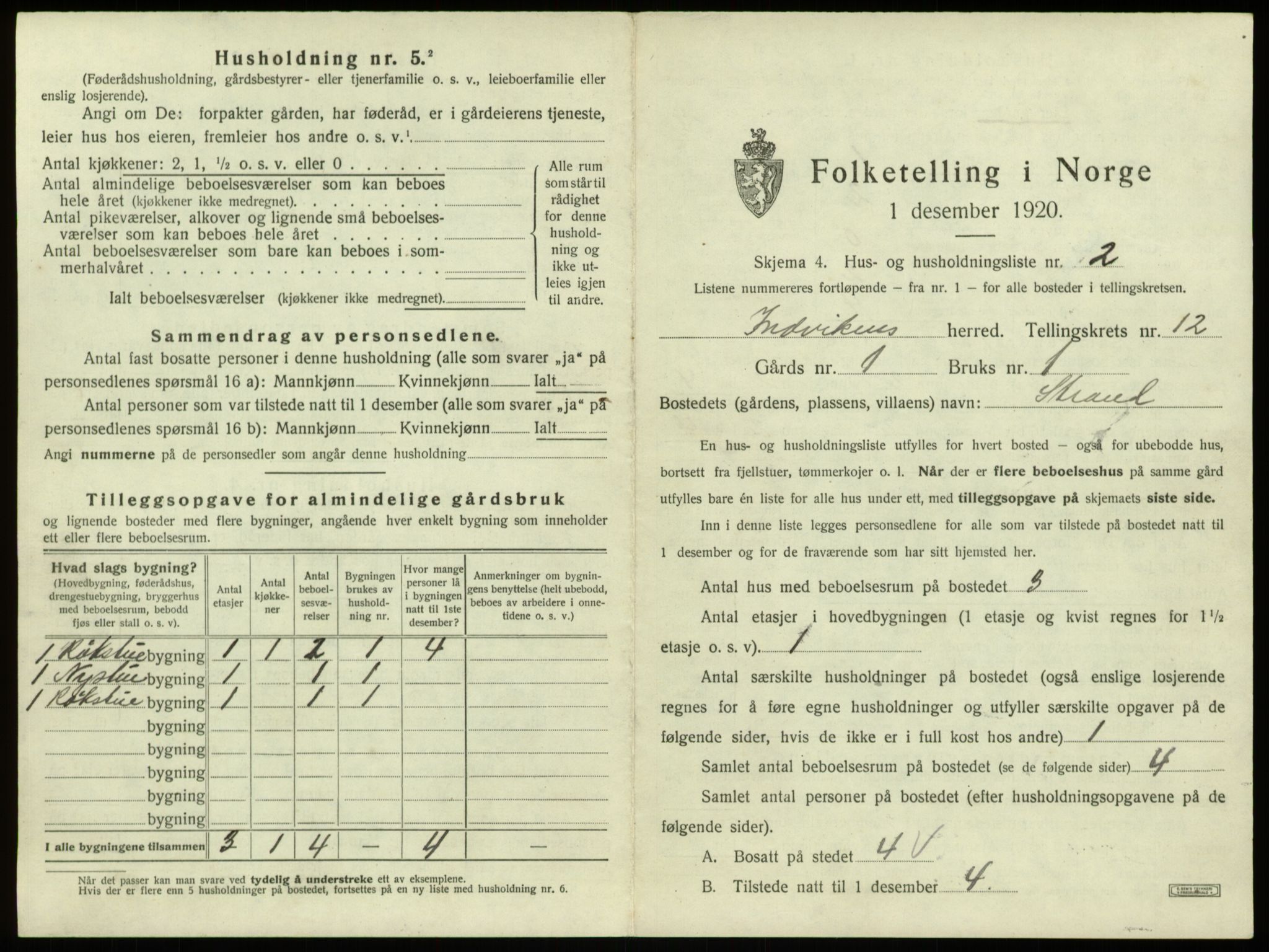 SAB, 1920 census for Innvik, 1920, p. 698