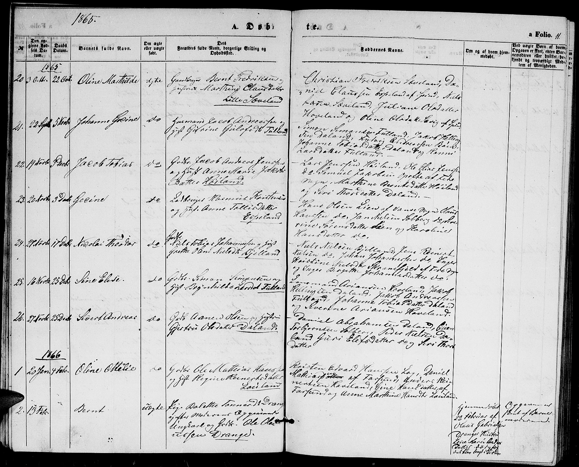 Herad sokneprestkontor, AV/SAK-1111-0018/F/Fb/Fba/L0003: Parish register (copy) no. B 3, 1863-1883, p. 11