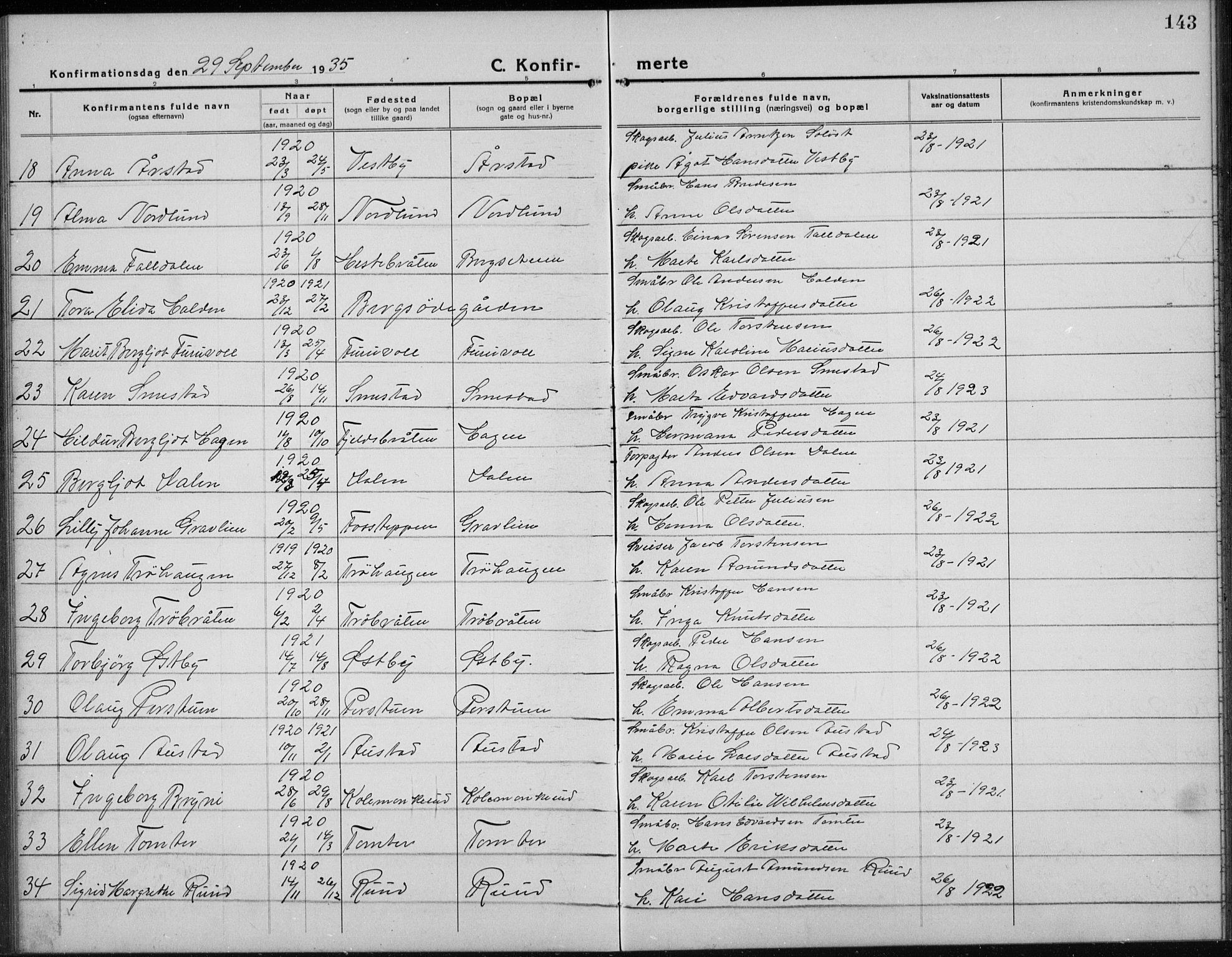 Nord-Odal prestekontor, AV/SAH-PREST-032/H/Ha/Hab/L0004: Parish register (copy) no. 4, 1921-1936, p. 143