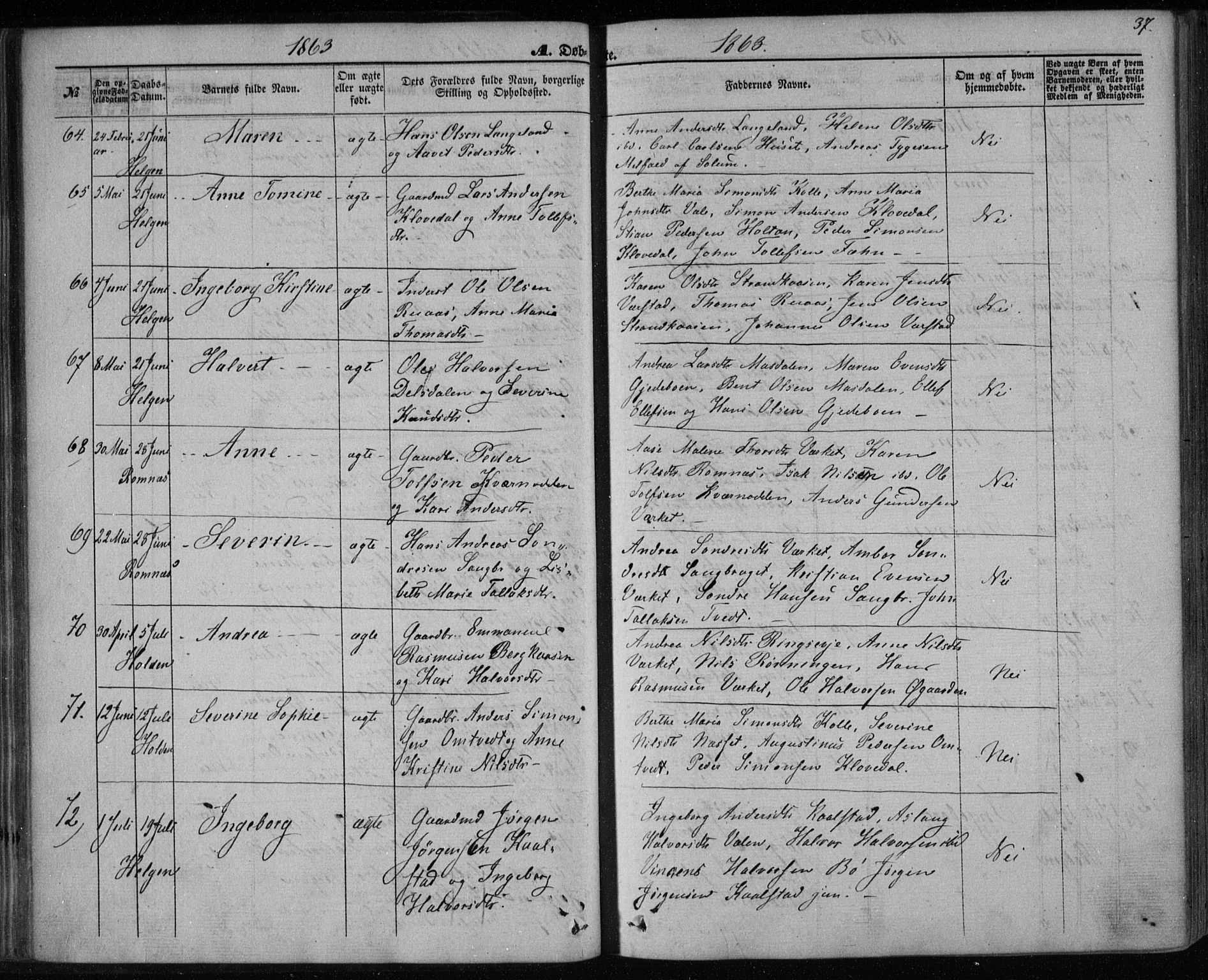 Holla kirkebøker, SAKO/A-272/F/Fa/L0006: Parish register (official) no. 6, 1861-1869, p. 37
