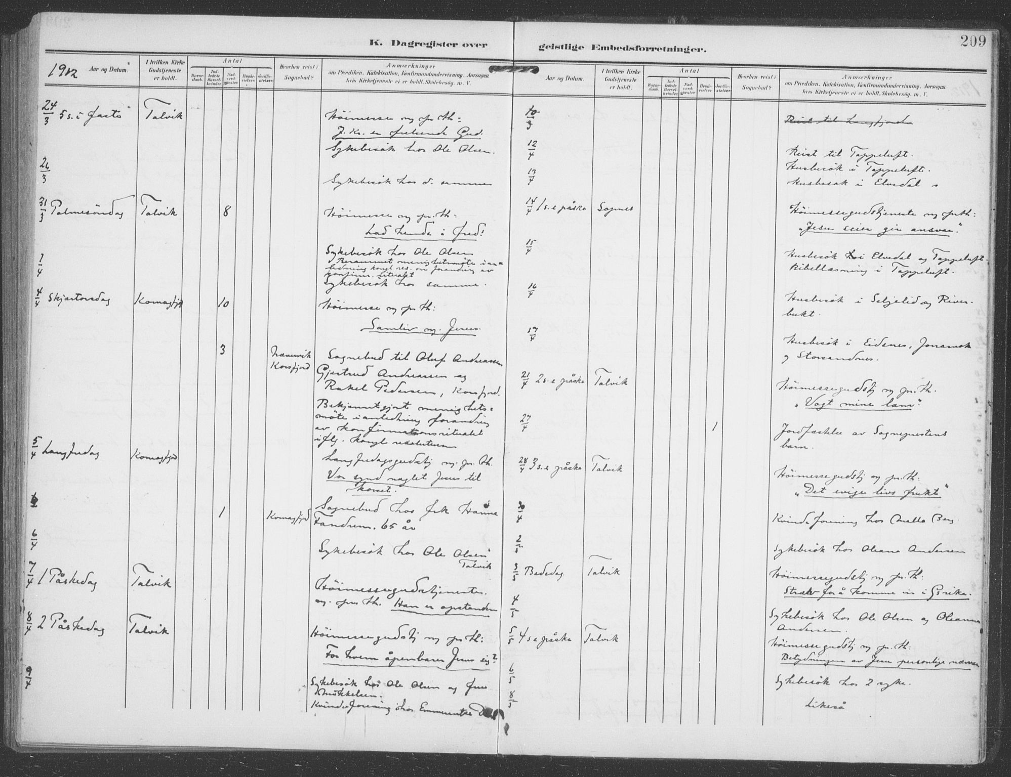 Talvik sokneprestkontor, AV/SATØ-S-1337/H/Ha/L0017kirke: Parish register (official) no. 17, 1906-1915, p. 209