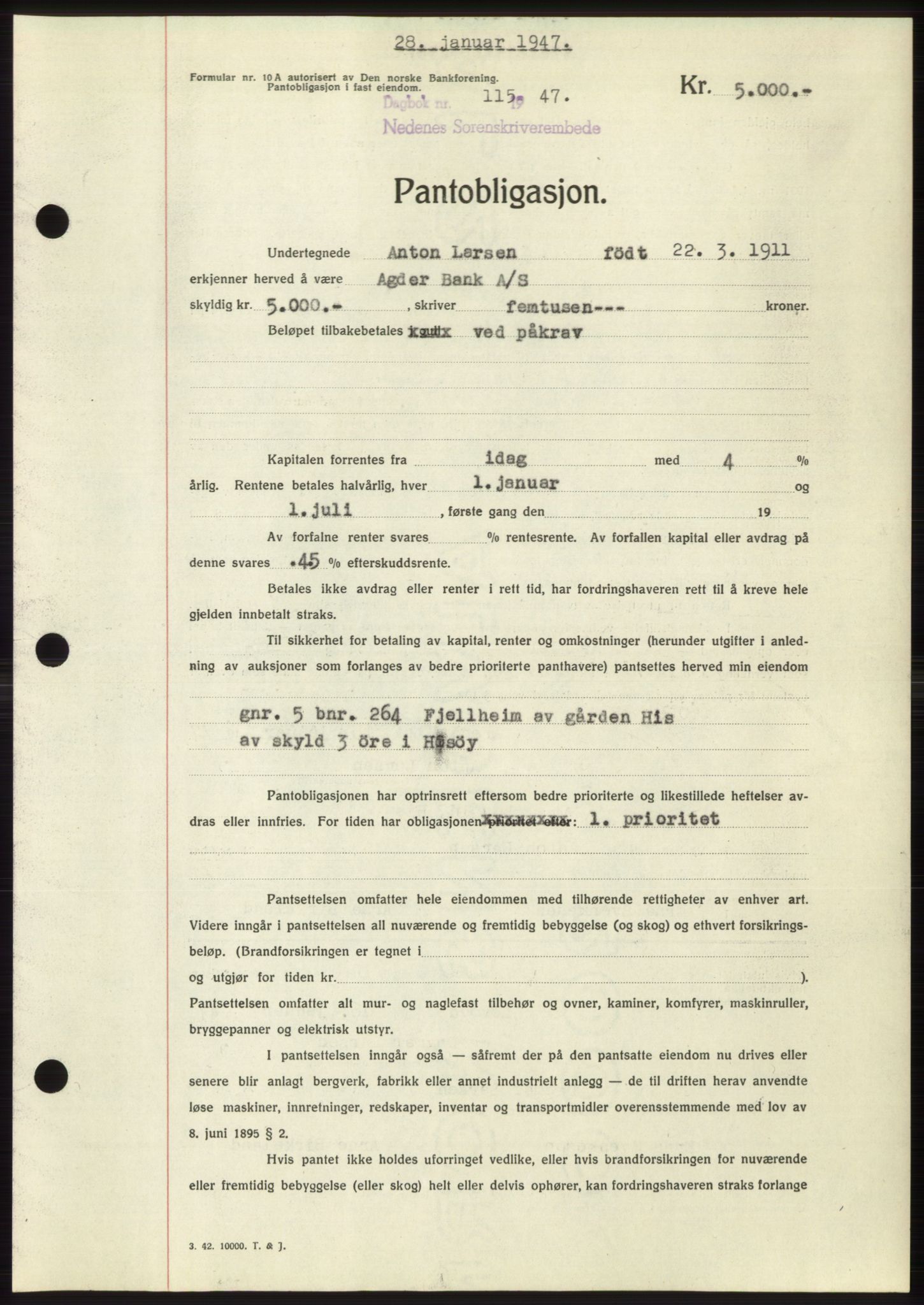 Nedenes sorenskriveri, AV/SAK-1221-0006/G/Gb/Gbb/L0004: Mortgage book no. B4, 1947-1947, Diary no: : 115/1947