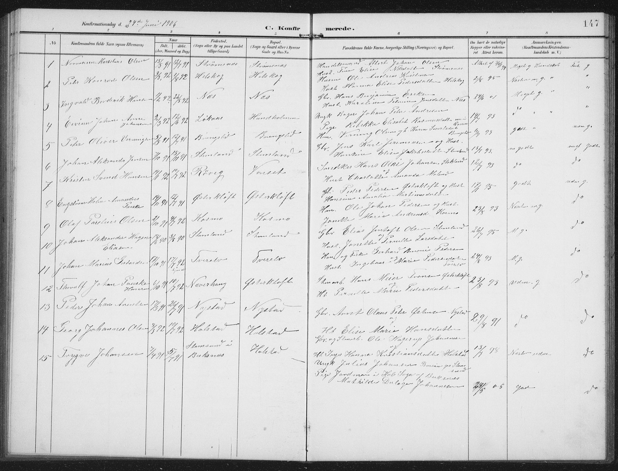 Ministerialprotokoller, klokkerbøker og fødselsregistre - Nordland, AV/SAT-A-1459/851/L0726: Parish register (copy) no. 851C01, 1902-1924, p. 147