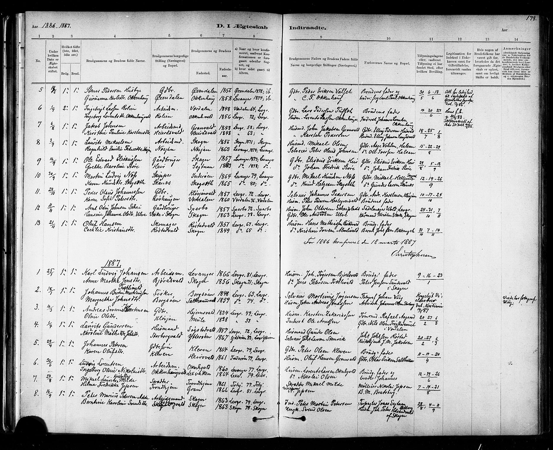 Ministerialprotokoller, klokkerbøker og fødselsregistre - Nord-Trøndelag, SAT/A-1458/721/L0208: Parish register (copy) no. 721C01, 1880-1917, p. 178