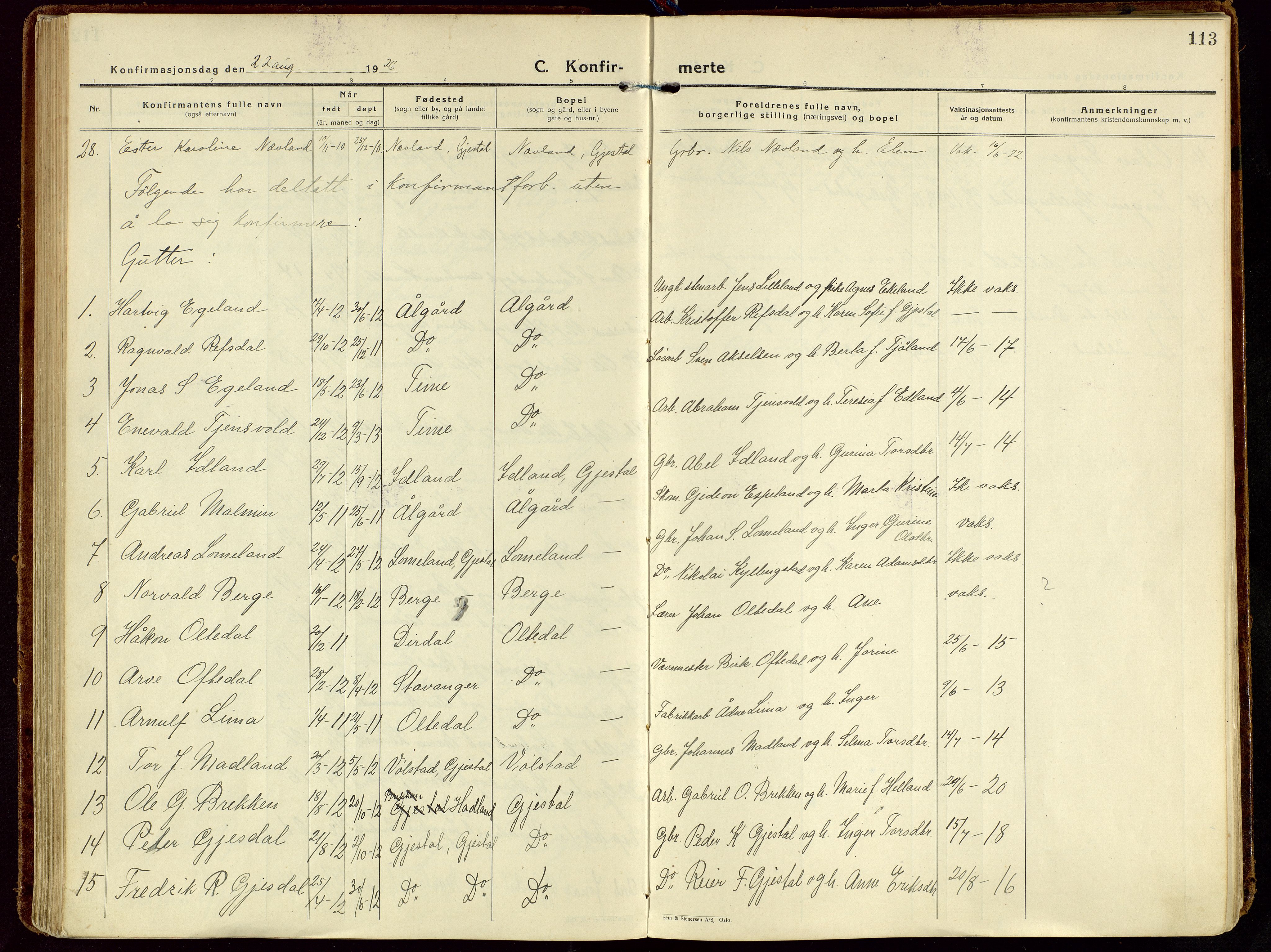 Gjesdal sokneprestkontor, AV/SAST-A-101796/003/O/L0001: Parish register (official) no. A 1, 1925-1949, p. 113