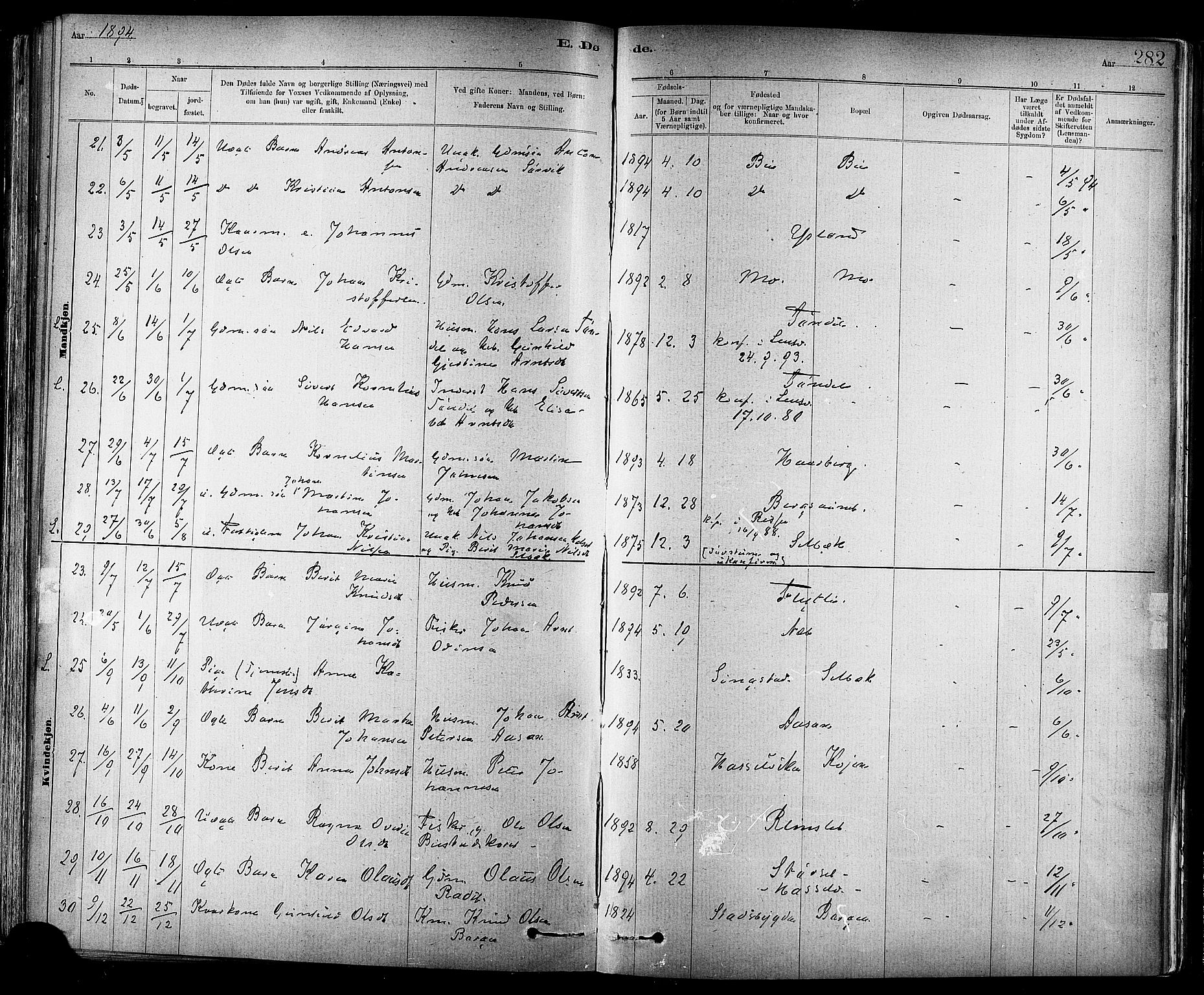 Ministerialprotokoller, klokkerbøker og fødselsregistre - Sør-Trøndelag, AV/SAT-A-1456/647/L0634: Parish register (official) no. 647A01, 1885-1896, p. 282