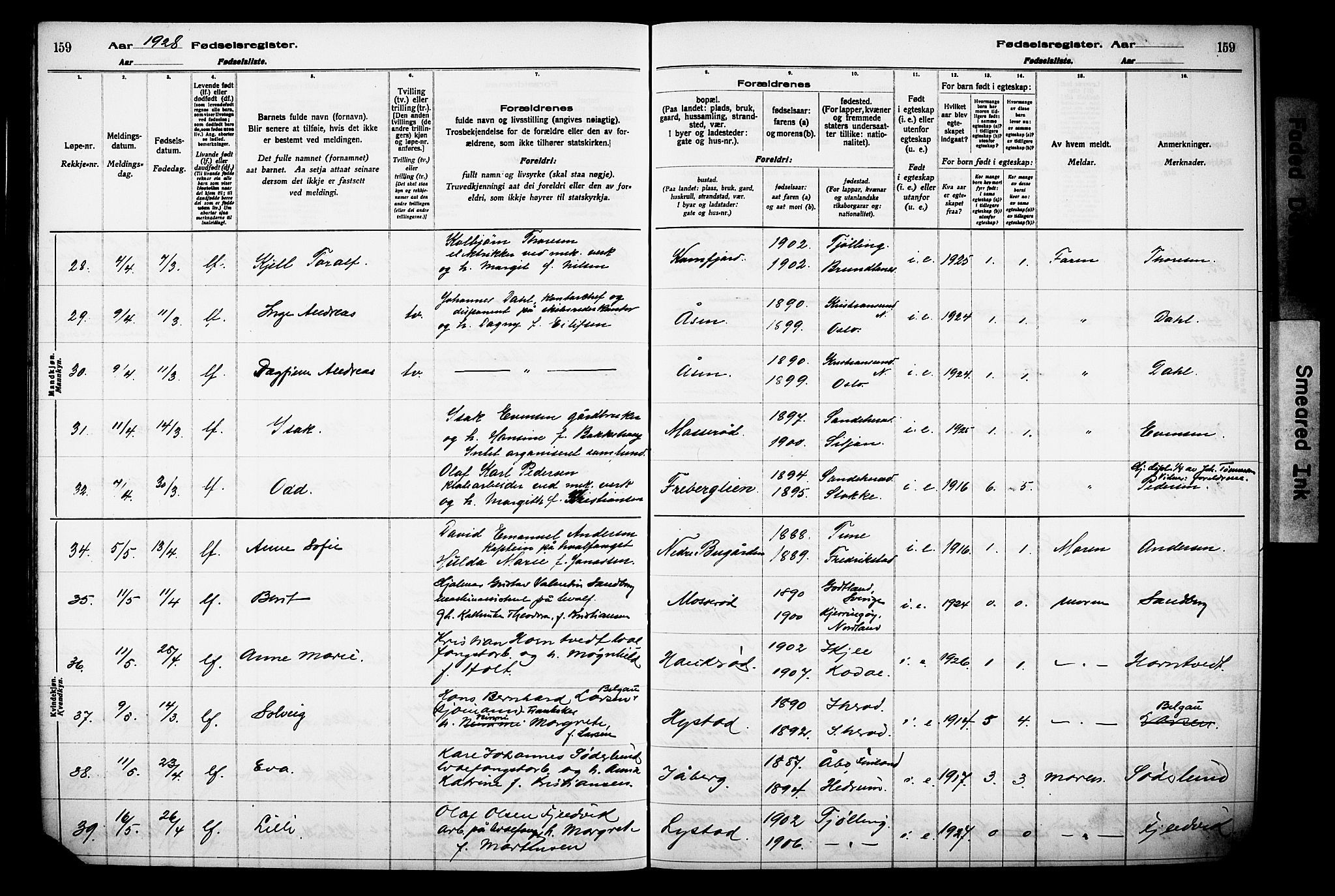 Sandar kirkebøker, AV/SAKO-A-243/J/Ja/L0002: Birth register no. 2, 1922-1929, p. 159