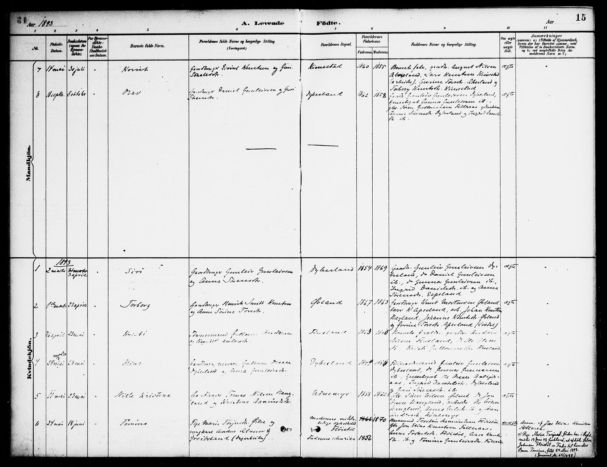 Bjelland sokneprestkontor, AV/SAK-1111-0005/F/Fa/Fab/L0004: Parish register (official) no. A 4, 1887-1920, p. 15