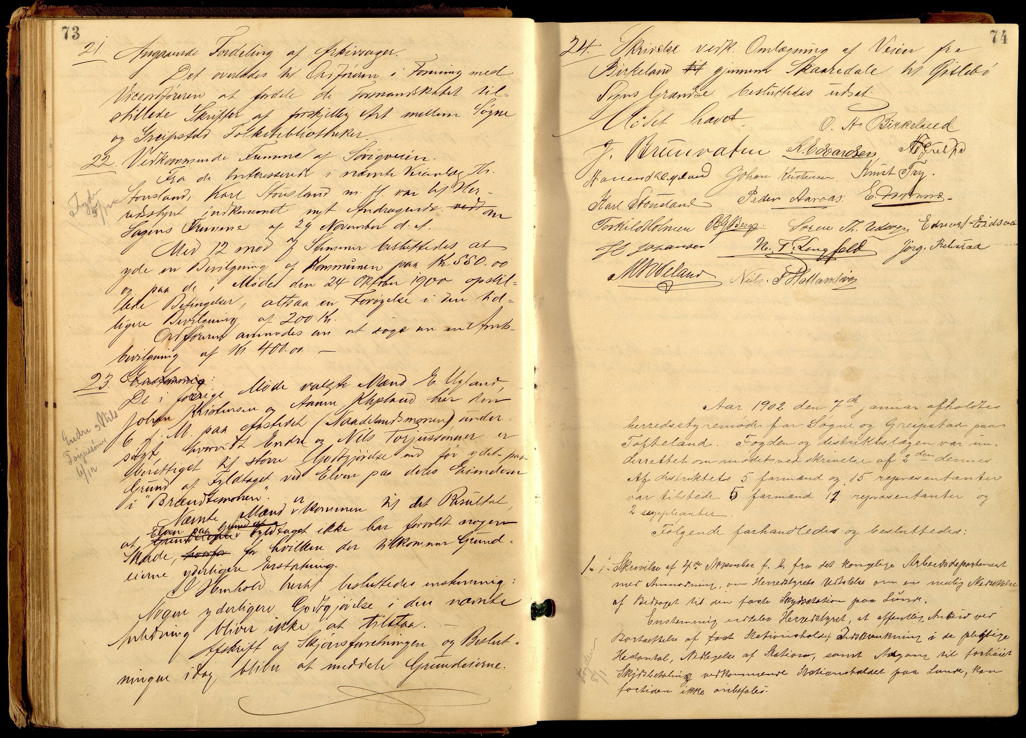 Søgne og Greipstad kommune - Formannskapet, ARKSOR/1018SG120/A/L0006: Møtebok (d), 1901-1909, p. 73-74