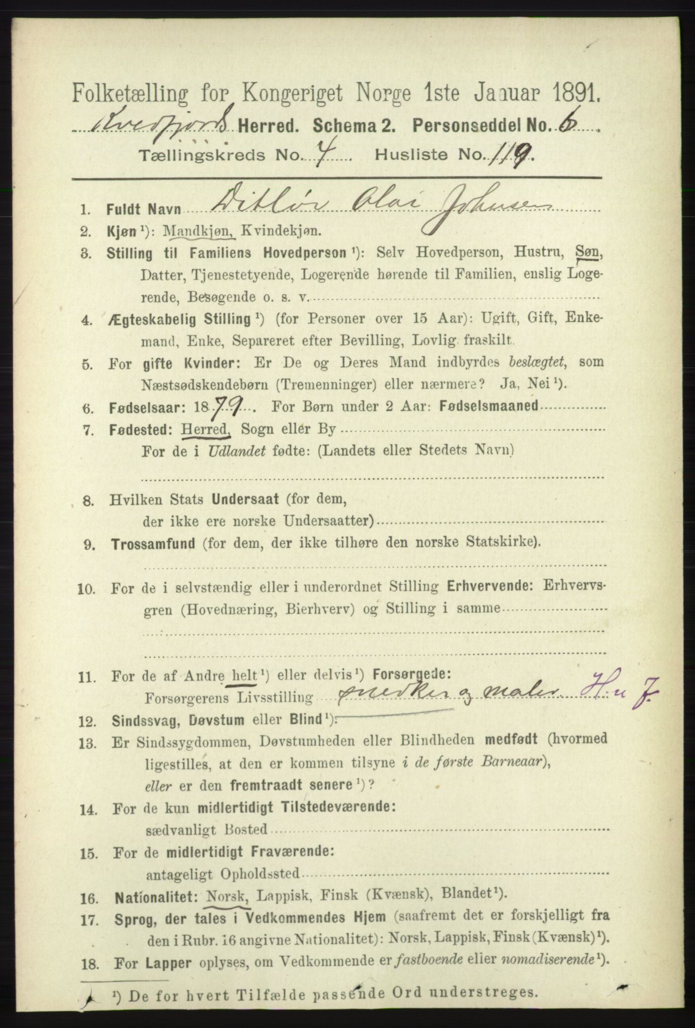 RA, 1891 census for 1911 Kvæfjord, 1891, p. 2657