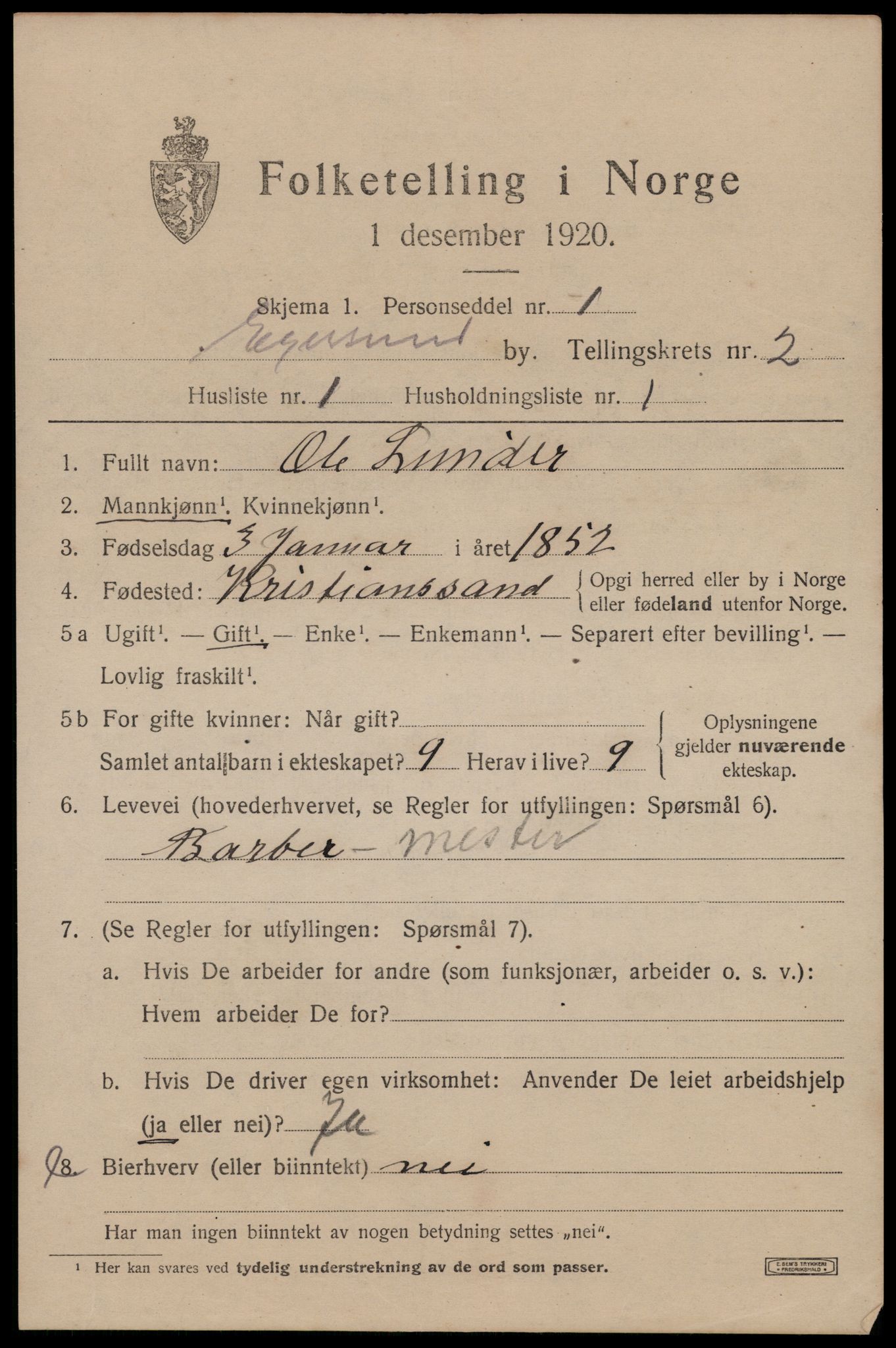 SAST, 1920 census for Egersund town, 1920, p. 3774