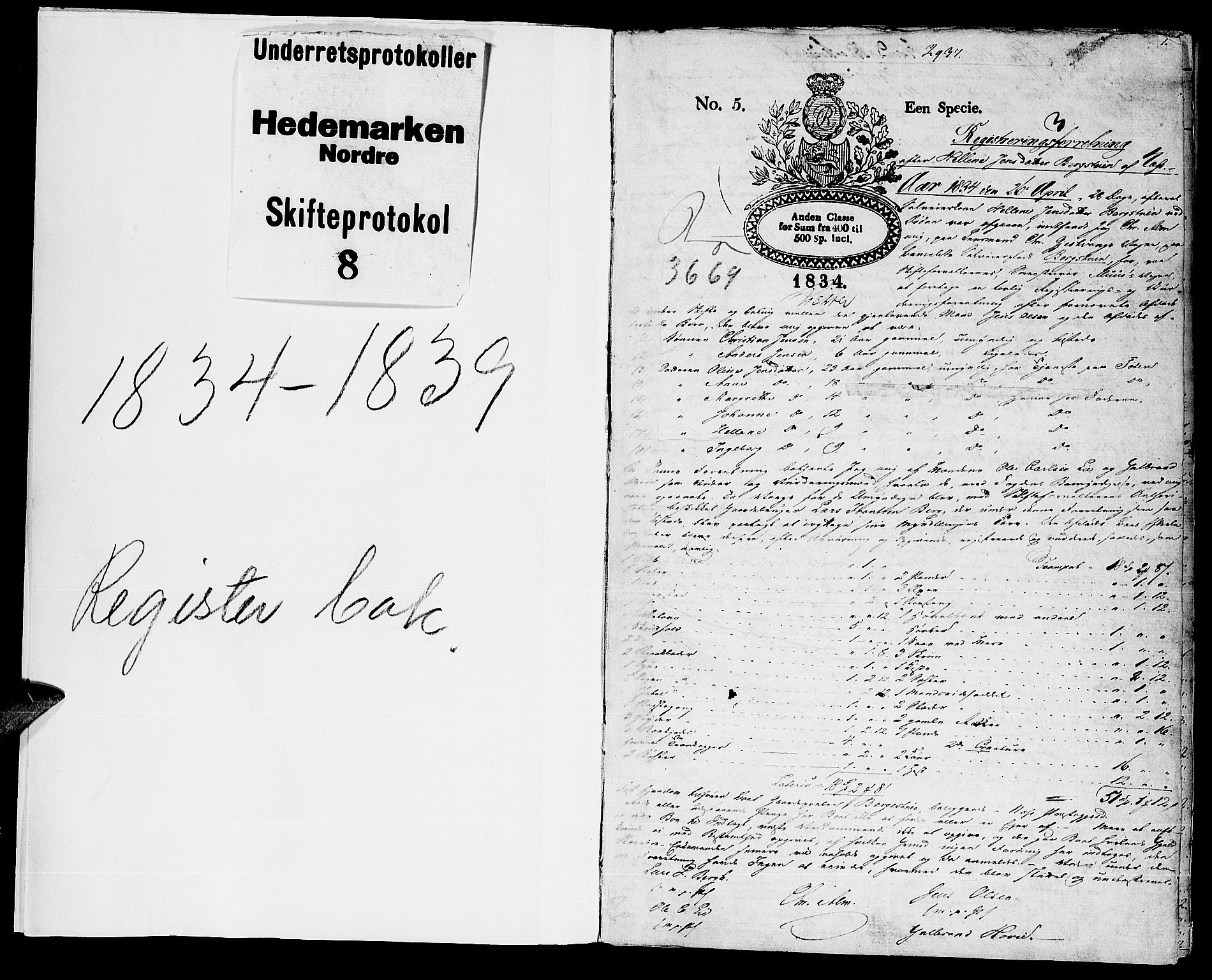Nord-Hedmark sorenskriveri, AV/SAH-TING-012/J/Ja/L0009: Skifteprotokoll, 1834-1839, p. 0-1