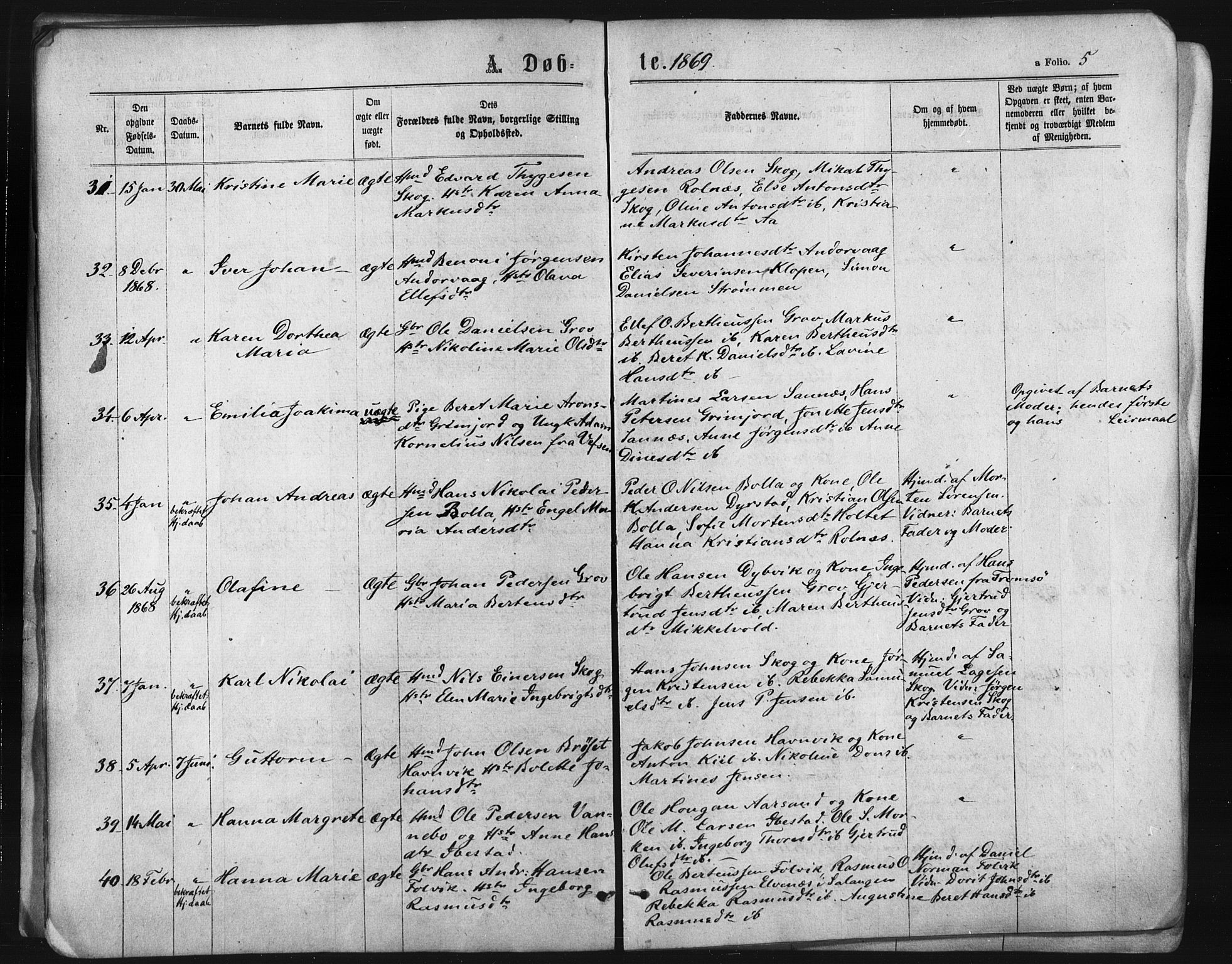 Ibestad sokneprestembete, AV/SATØ-S-0077/H/Ha/Haa/L0010kirke: Parish register (official) no. 10, 1869-1879, p. 5