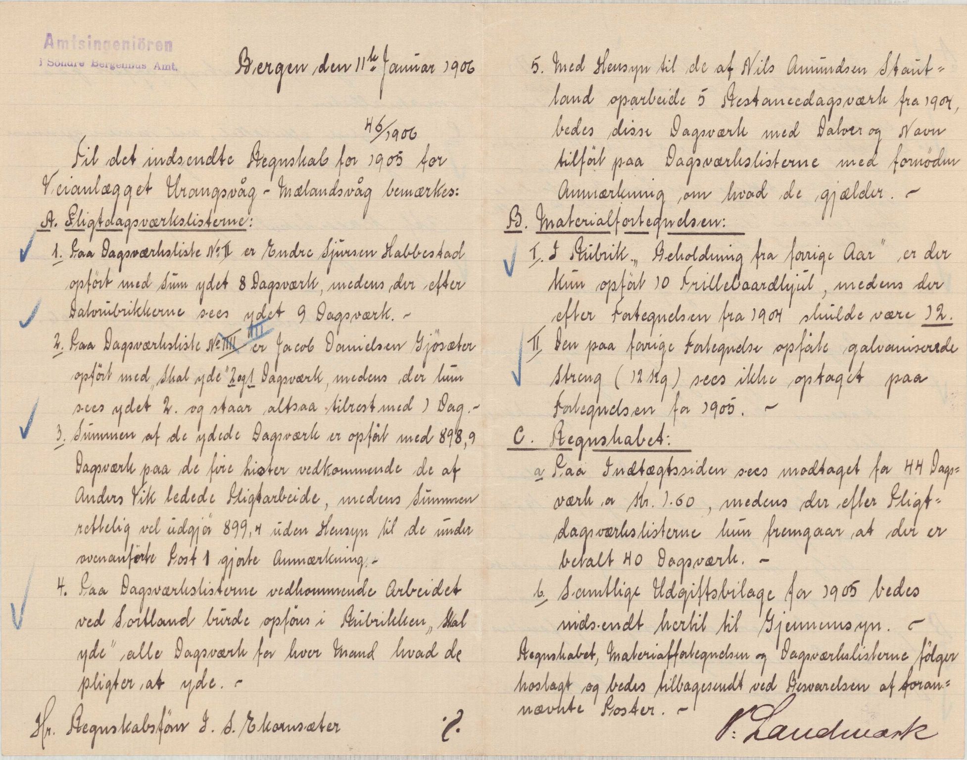 Finnaas kommune. Formannskapet, IKAH/1218a-021/E/Ea/L0002/0003: Rekneskap for veganlegg / Rekneskap for veganlegget Urangsvåg - Mælandsvåg, 1904-1905, p. 52