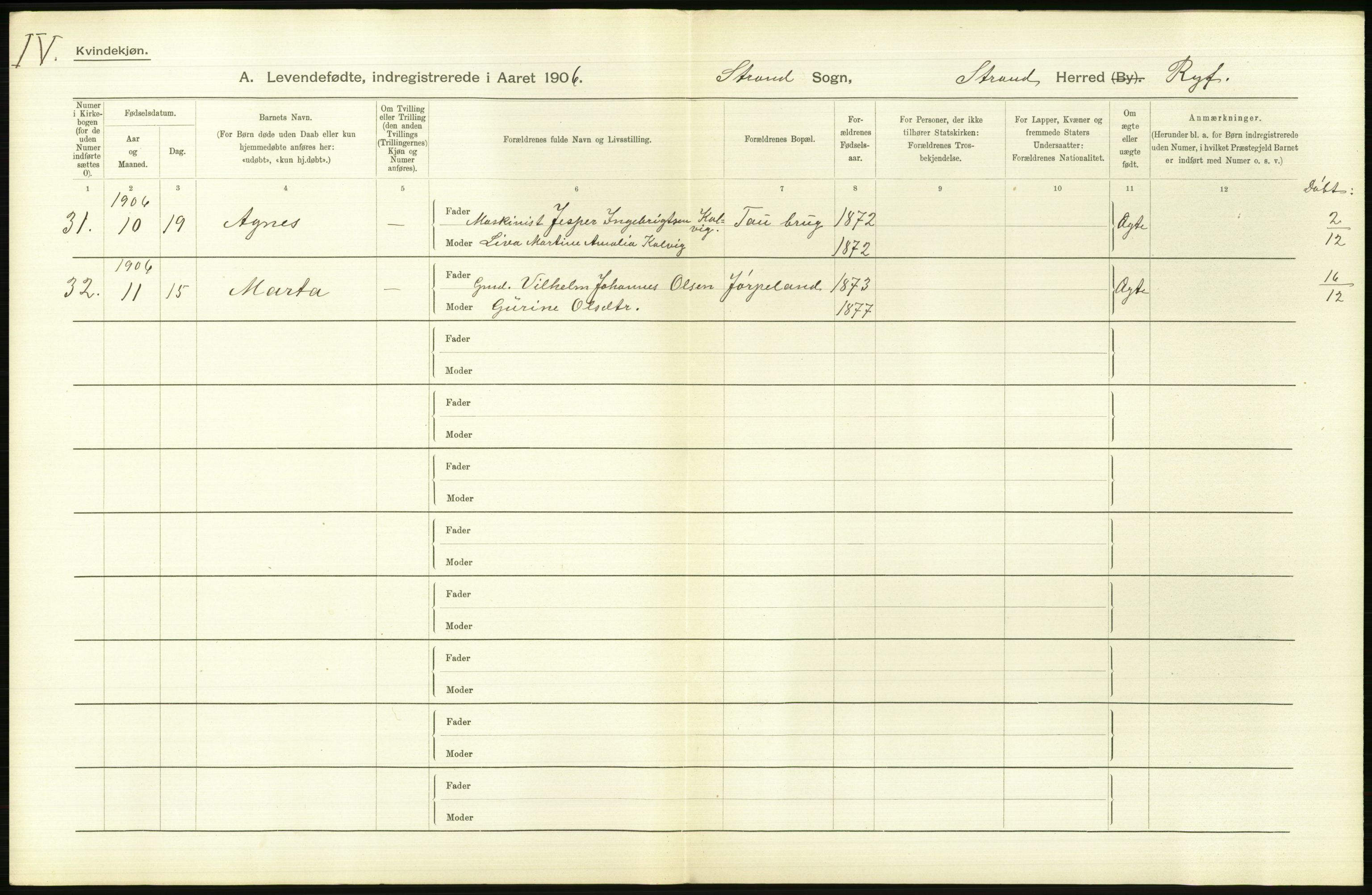 Statistisk sentralbyrå, Sosiodemografiske emner, Befolkning, AV/RA-S-2228/D/Df/Dfa/Dfad/L0025: Stavanger amt: Levendefødte menn og kvinner. Bygder., 1906, p. 294