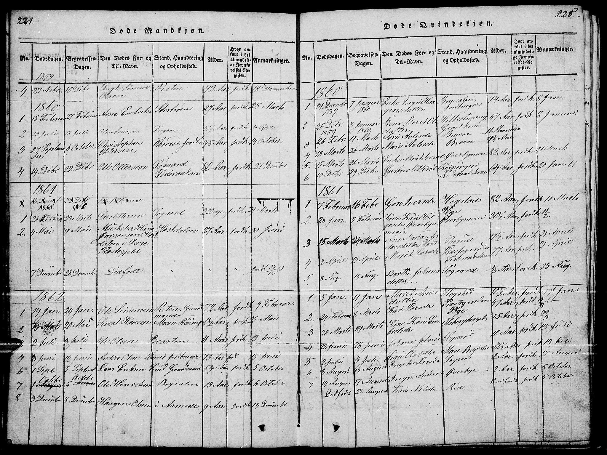 Tynset prestekontor, SAH/PREST-058/H/Ha/Hab/L0004: Parish register (copy) no. 4, 1814-1879, p. 224-225