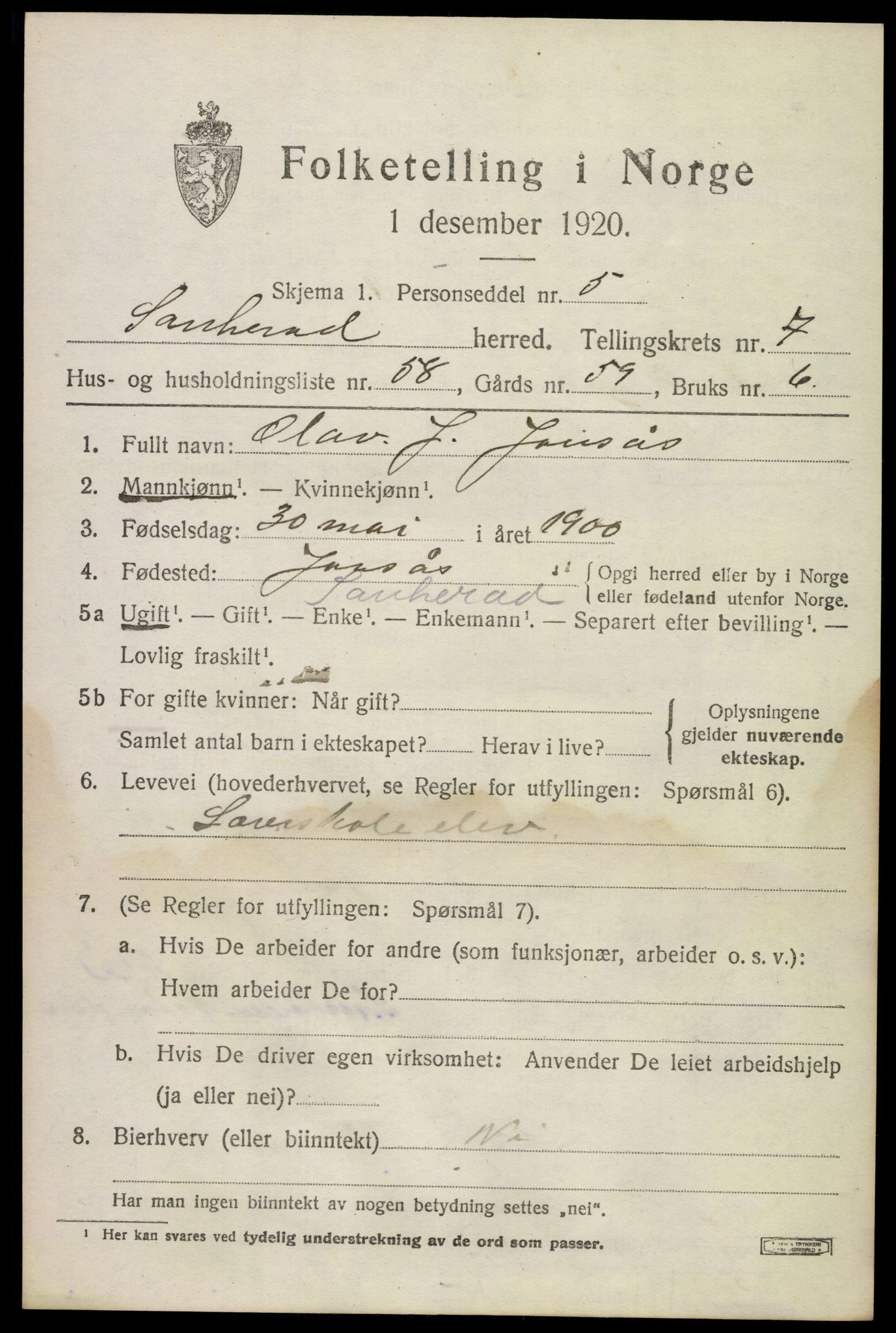 SAKO, 1920 census for Sauherad, 1920, p. 6177