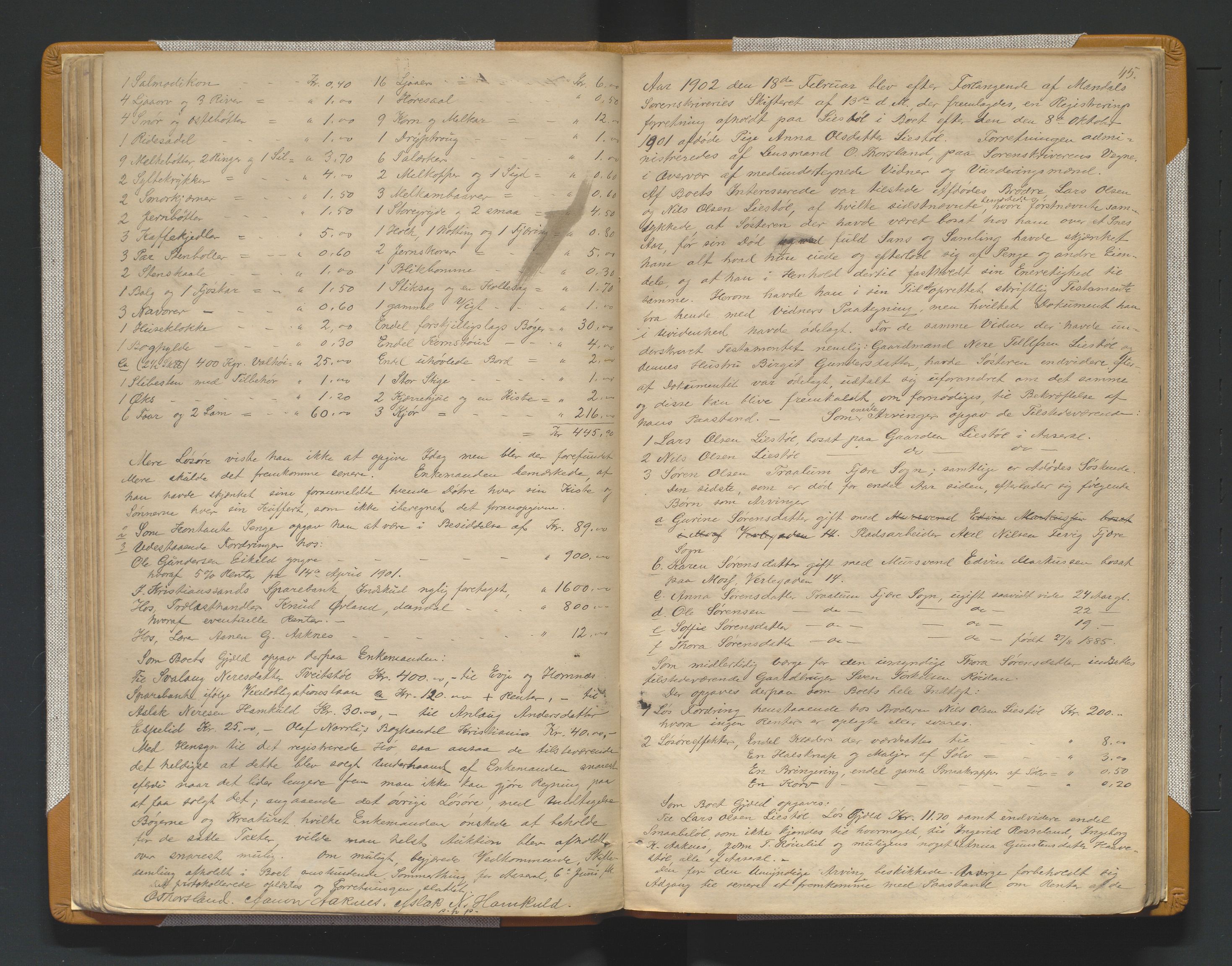 Mandal sorenskriveri, AV/SAK-1221-0005/001/H/Hc/L0061: Skifteregistreringsprotokoll nr 17 Åseral, 1876-1928, p. 45